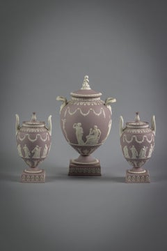 Three Piece Wedgwood Jasper Covered Urns, circa 1900