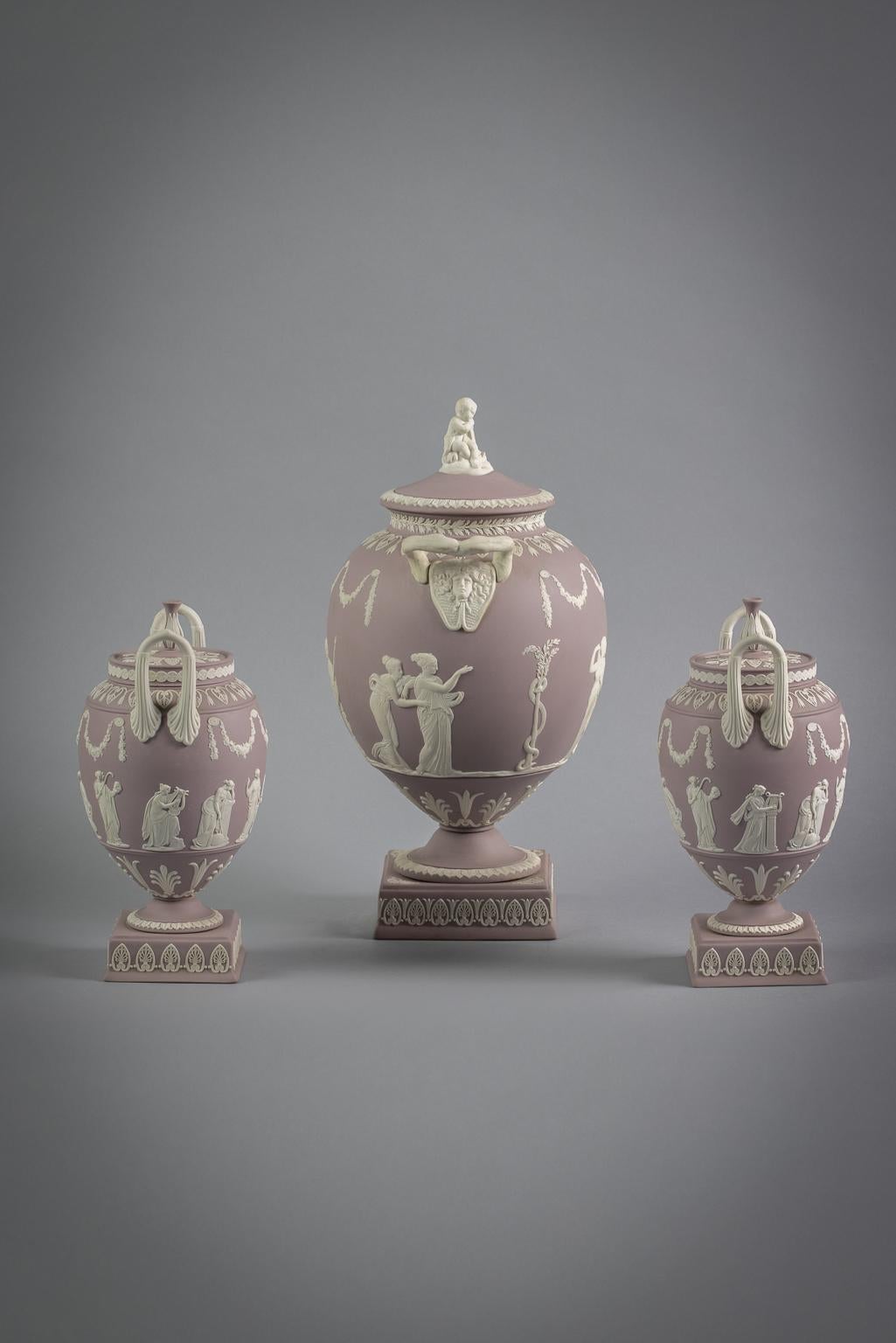 English Three Piece Wedgwood Jasper Covered Urns, circa 1900 For Sale