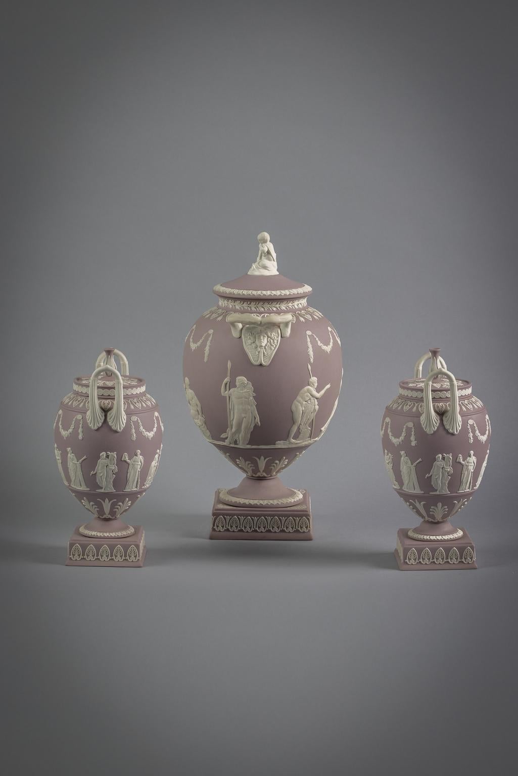 Three Piece Wedgwood Jasper Covered Urns, circa 1900 In Good Condition For Sale In New York, NY