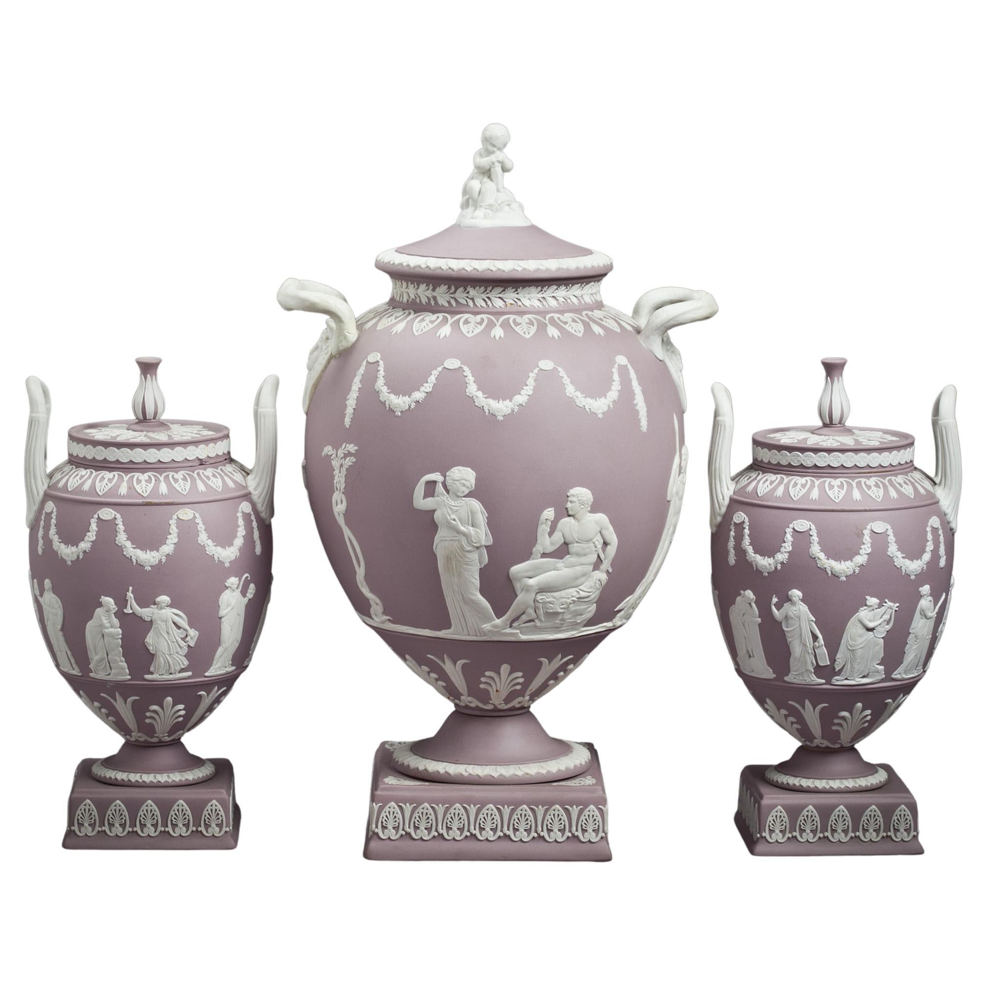 Three Piece Wedgwood Jasper Covered Urns, circa 1900