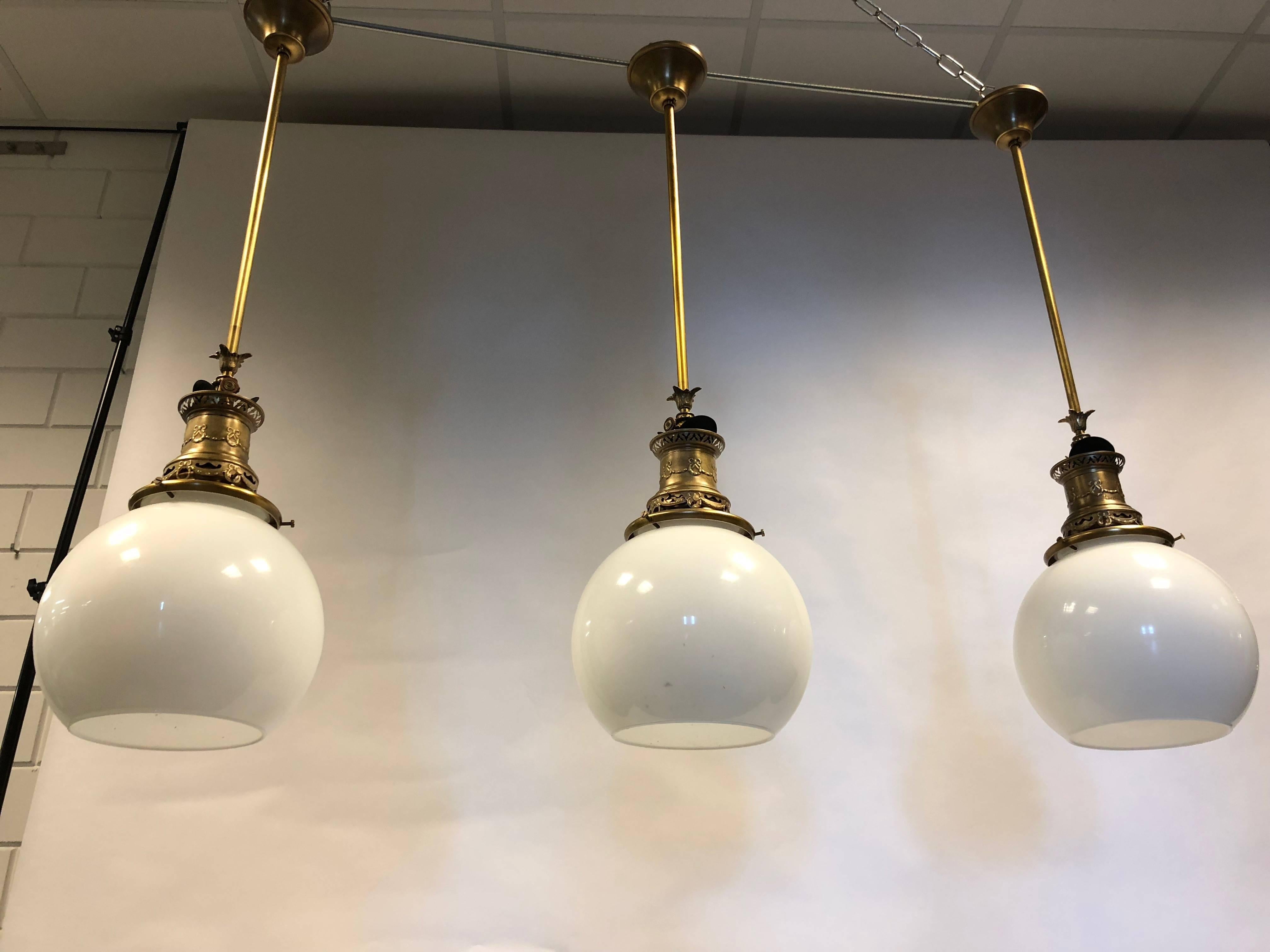 This unique 19th century antique gas pendant, 1860-1880 from France is recently restored.
These pendants were rewired 220V.
