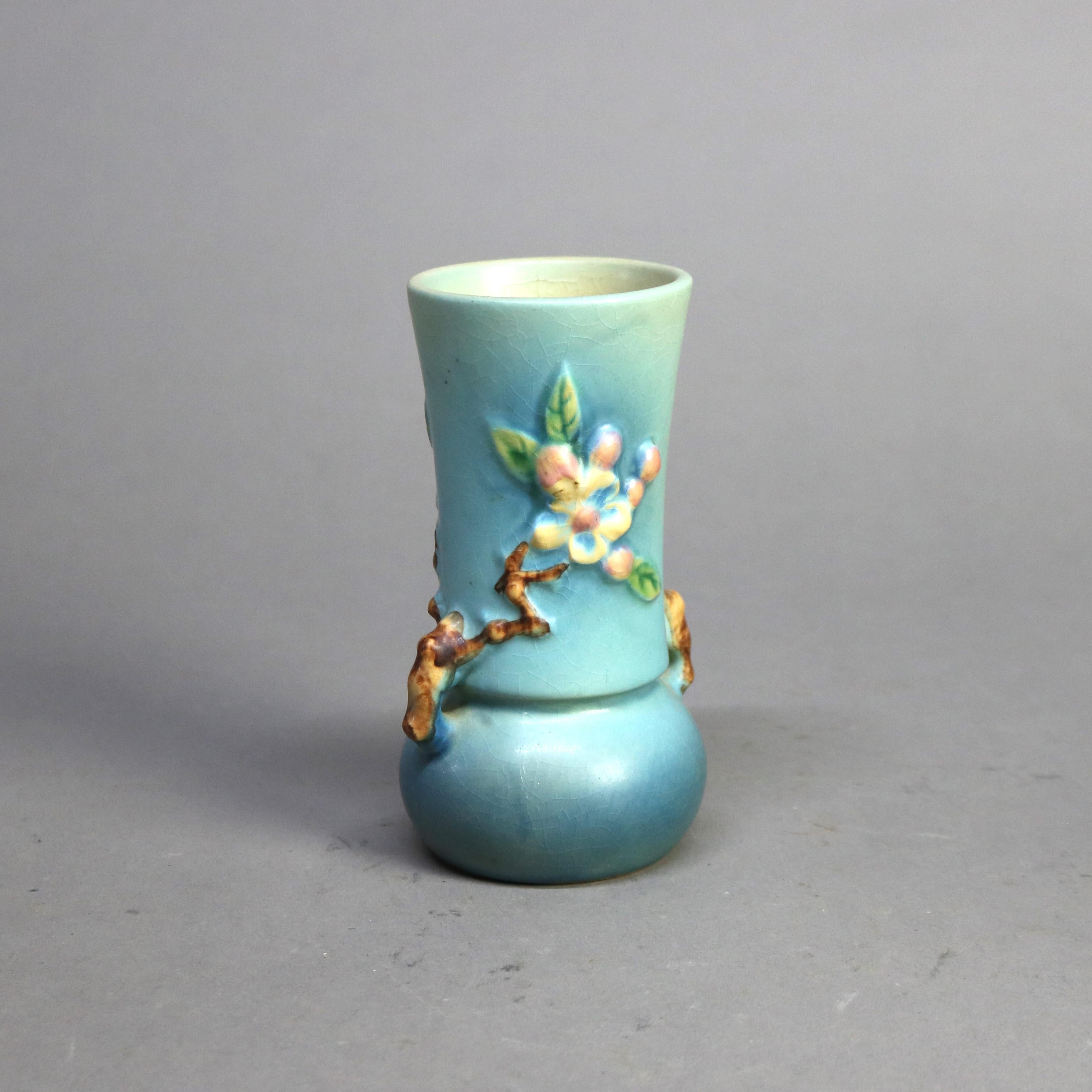 Three Pieces of Blue Roseville Art Pottery with Apple Blossom Pattern Mid 20thC

Measures - 11.75
