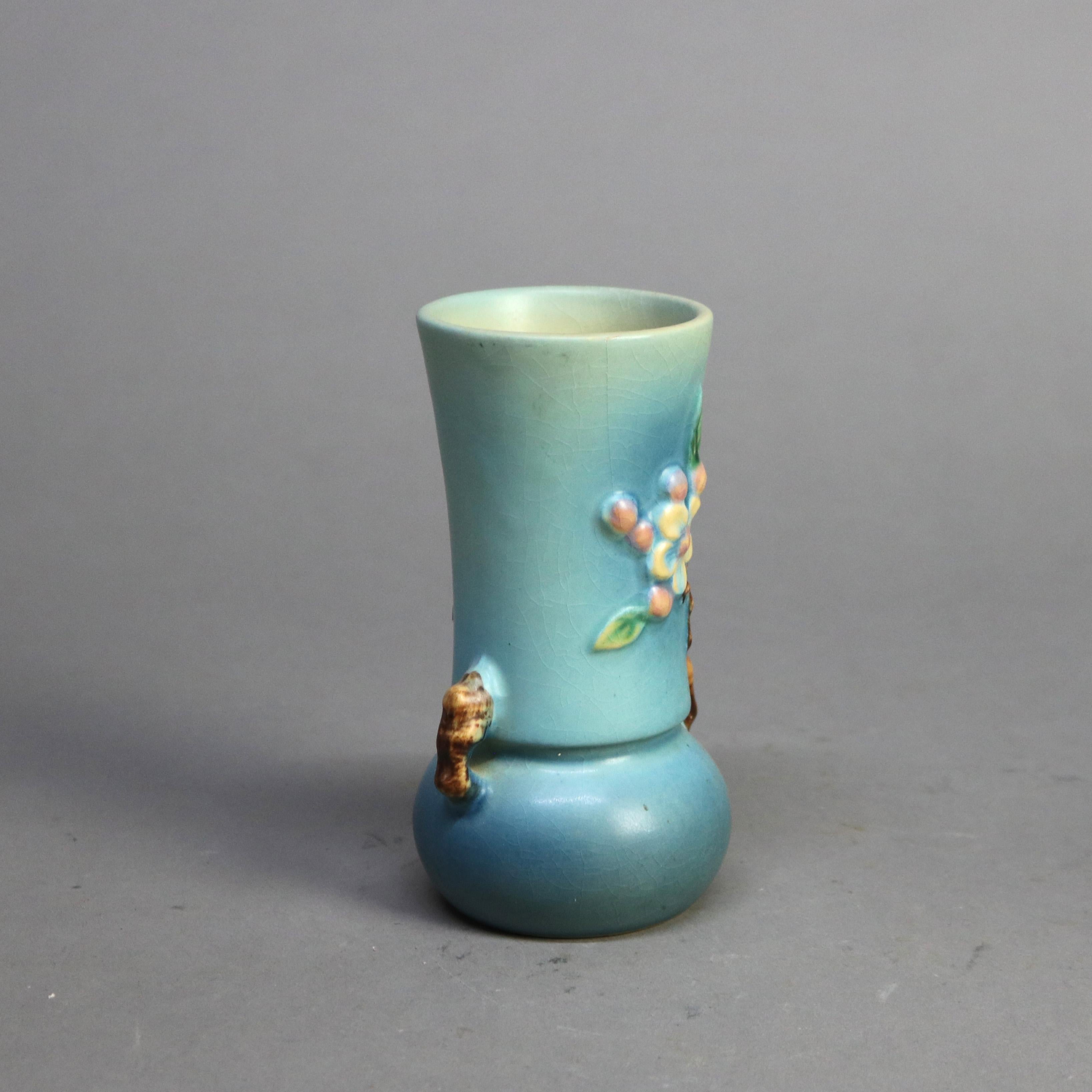 American Three Pieces of Blue Roseville Art Pottery with Apple Blossom Pattern Mid 20thC