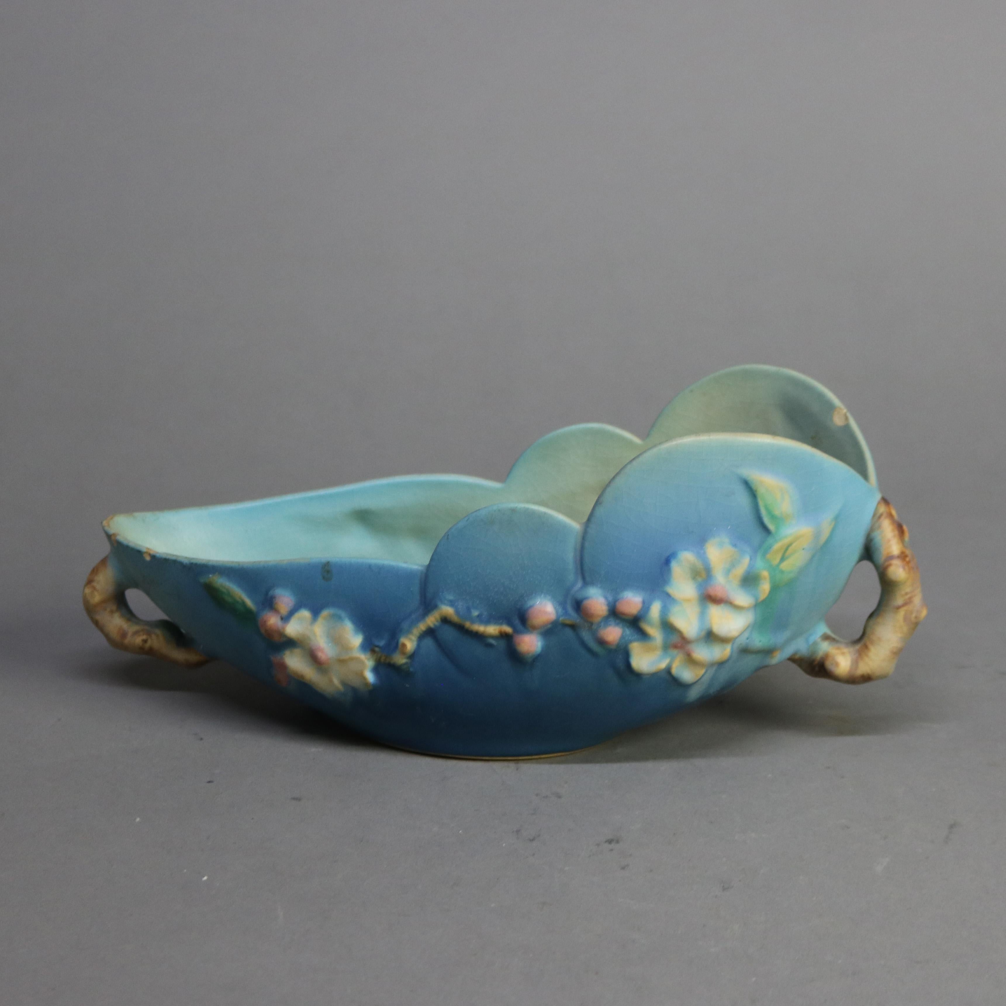 Three Pieces of Blue Roseville Art Pottery with Apple Blossom Pattern Mid 20thC In Good Condition In Big Flats, NY