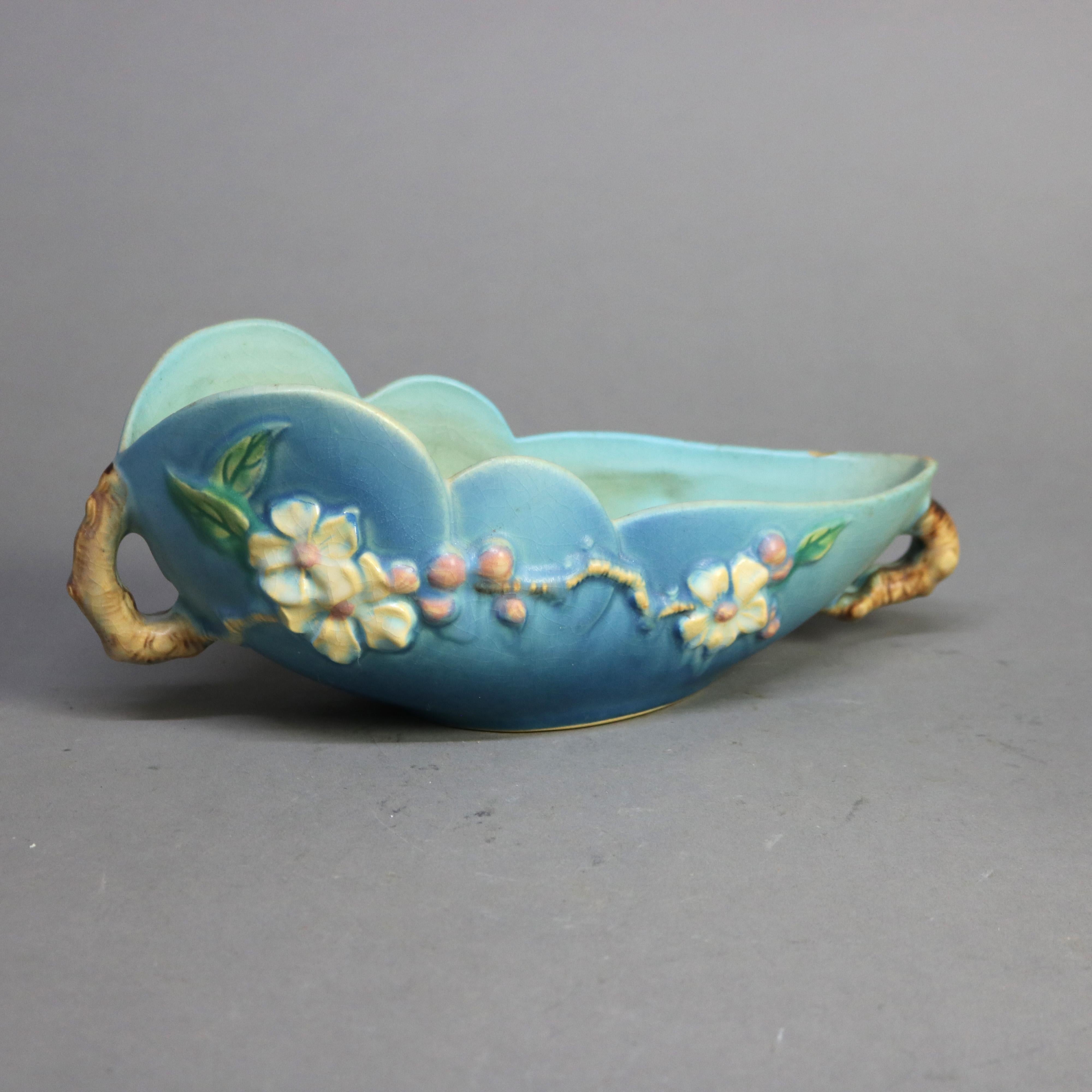 Three Pieces of Blue Roseville Art Pottery with Apple Blossom Pattern Mid 20thC 1