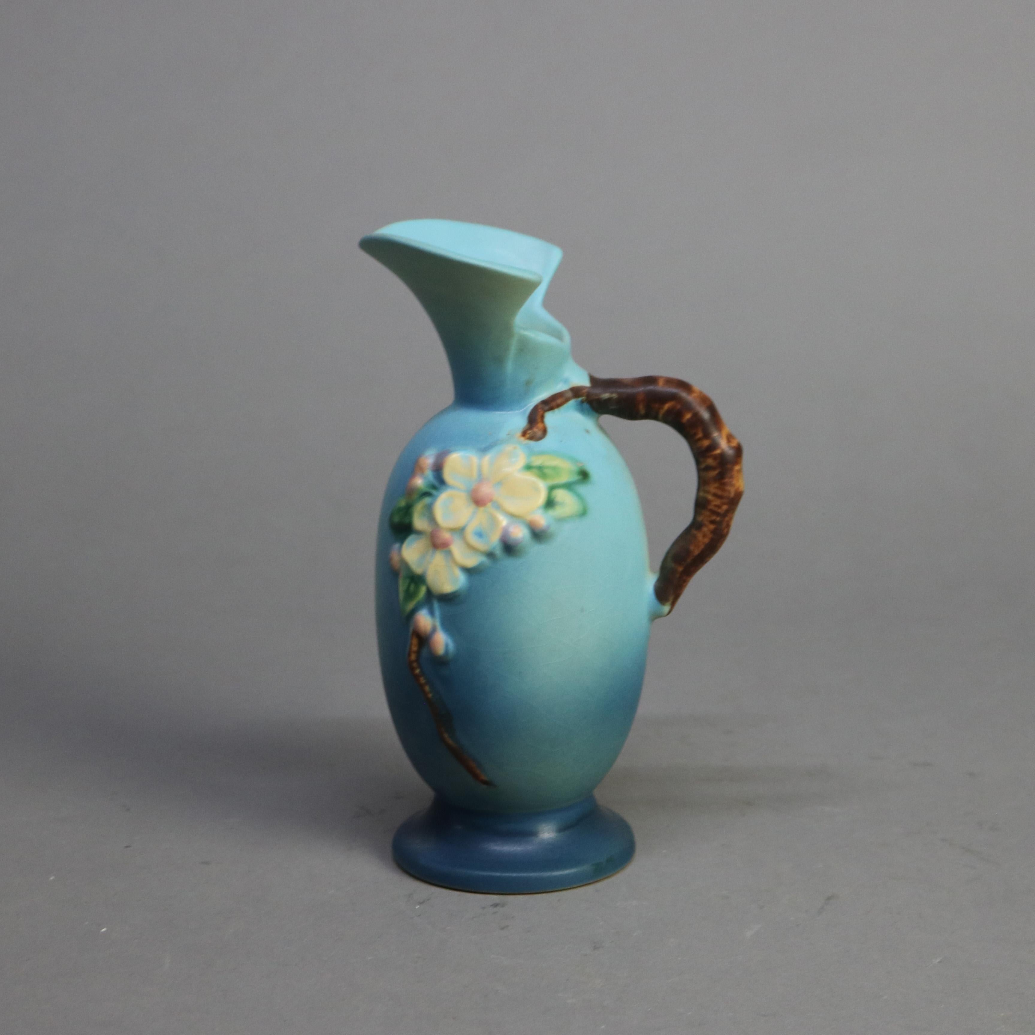 Three Pieces of Blue Roseville Art Pottery with Apple Blossom Pattern Mid 20thC 2