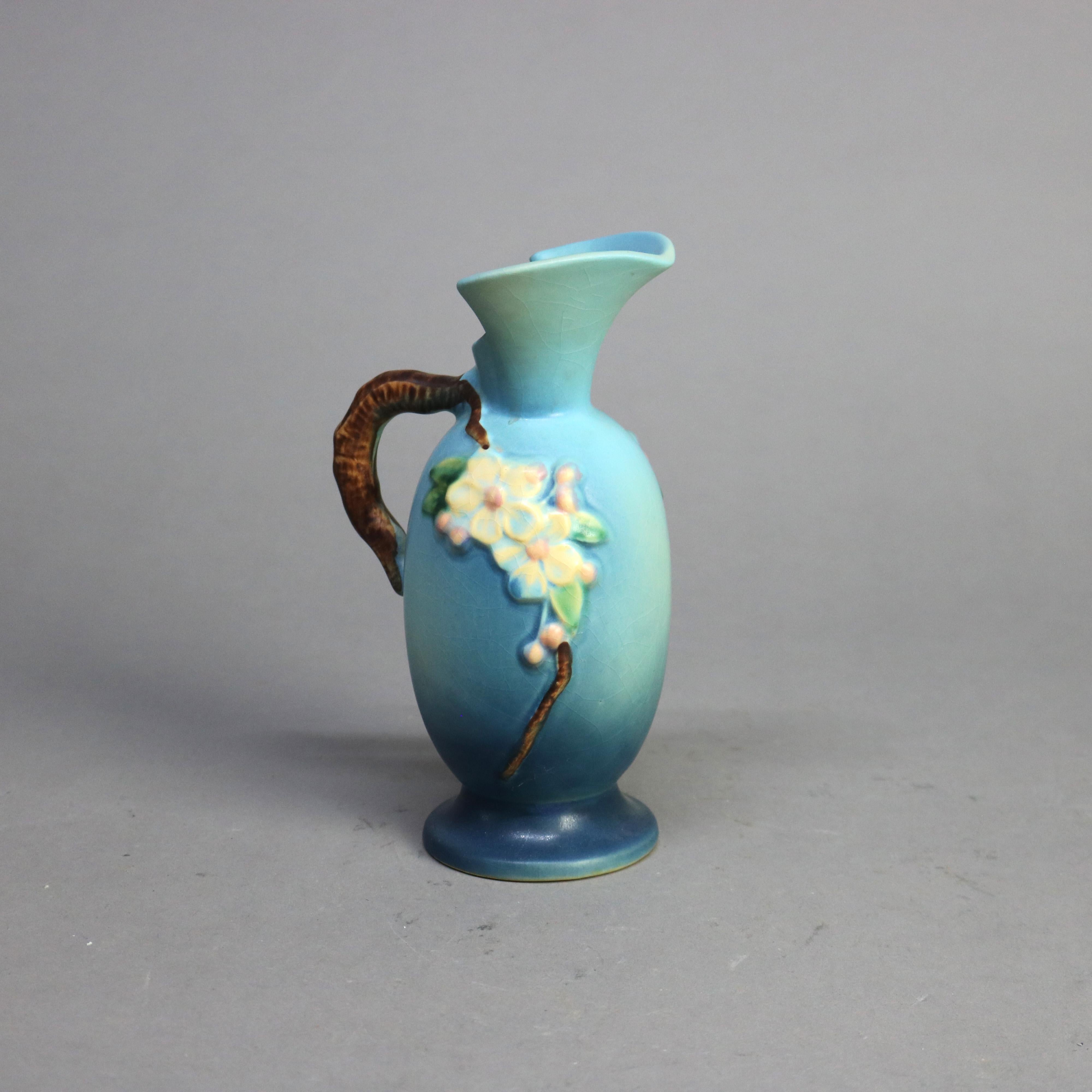 Three Pieces of Blue Roseville Art Pottery with Apple Blossom Pattern Mid 20thC 3