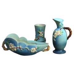 Vintage Three Pieces of Blue Roseville Art Pottery with Apple Blossom Pattern Mid 20thC