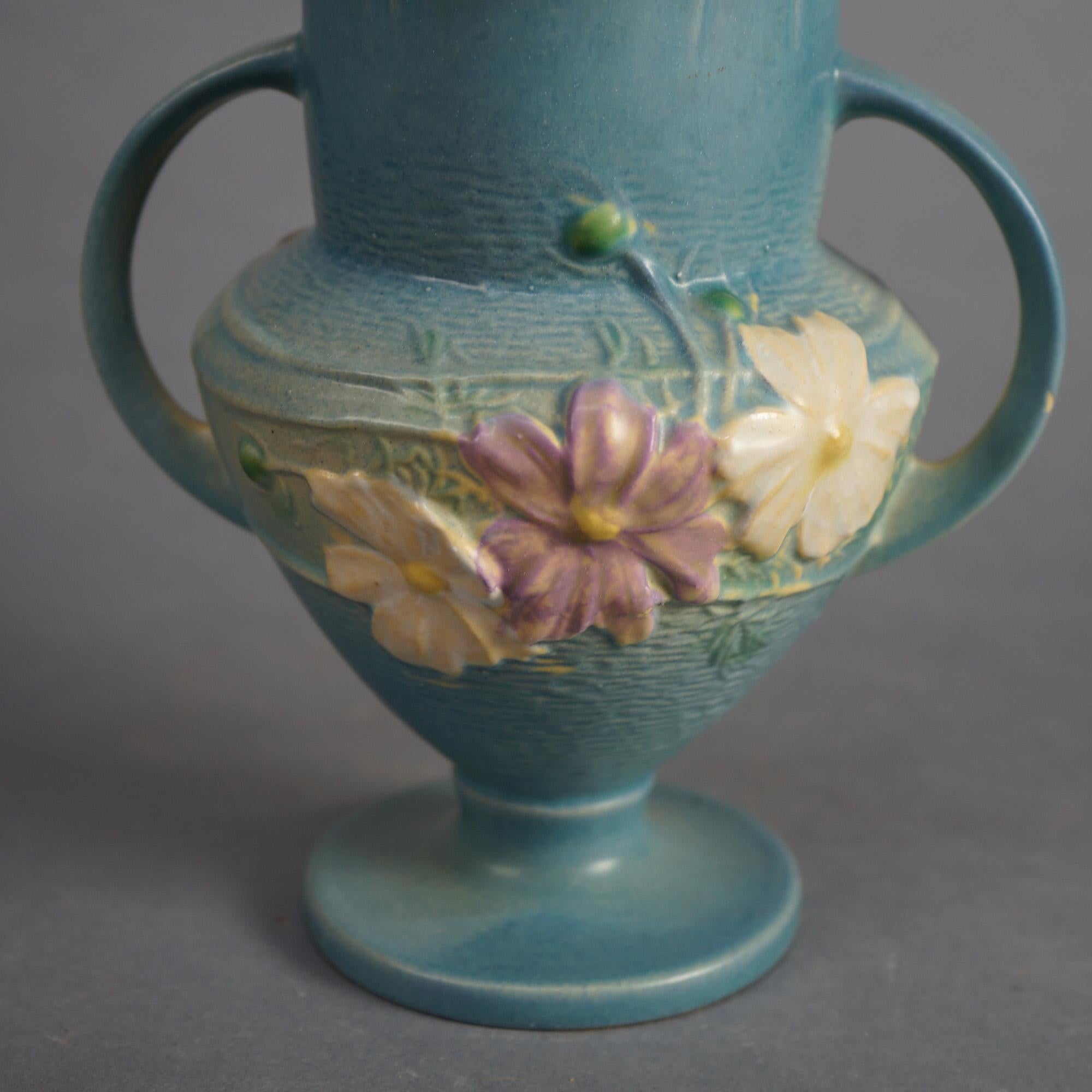 Three Pieces of Blue Roseville Art Pottery with Cosmos Pattern Mid 20thC 6