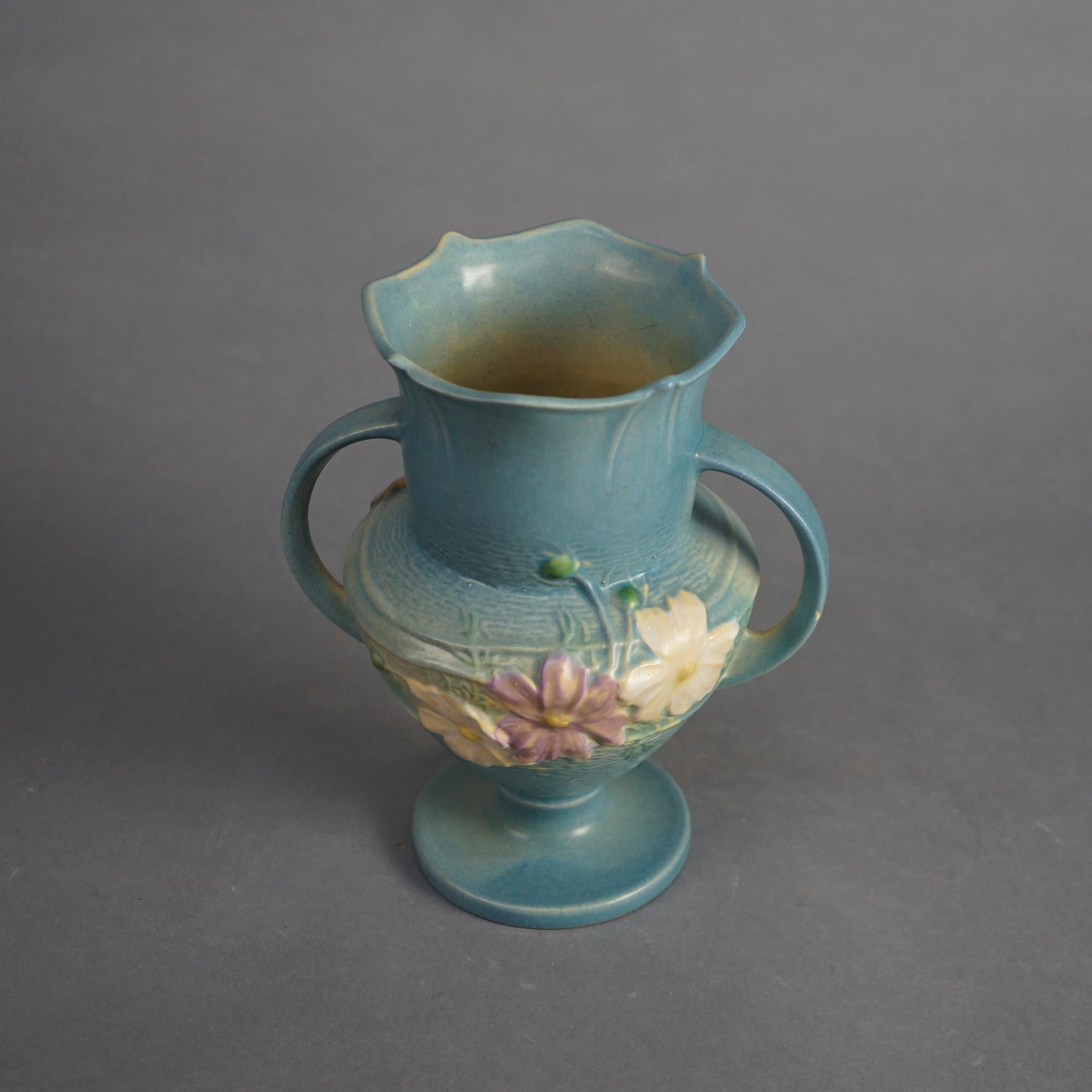 Three Pieces of Blue Roseville Art Pottery with Cosmos Pattern Mid 20thC 7