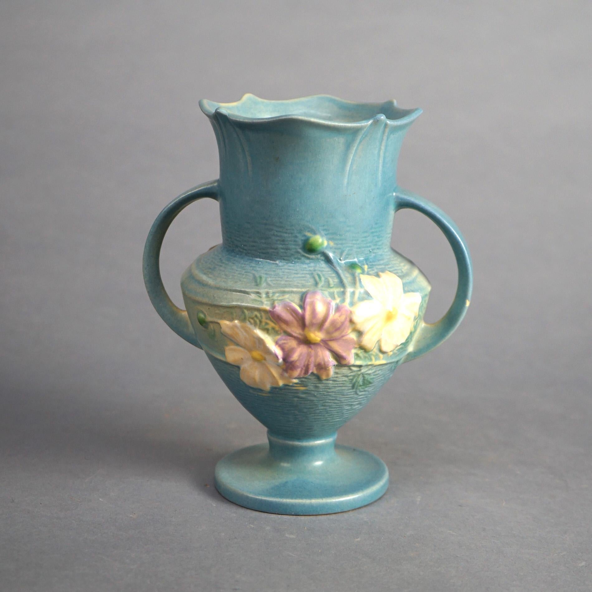 Three Pieces of Blue Roseville Art Pottery with Cosmos Pattern Mid 20thC 8