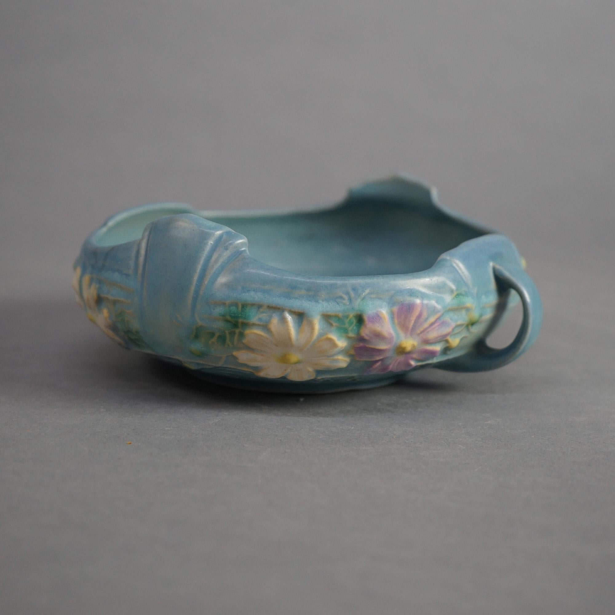 Three Pieces of Blue Roseville Art Pottery with Cosmos Pattern Mid 20thC 4
