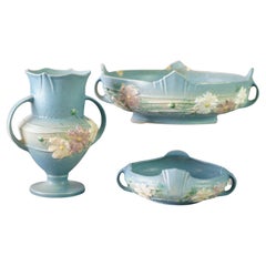 Three Pieces of Blue Roseville Art Pottery with Cosmos Pattern Mid 20thC