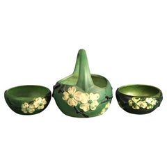 Three Pieces of Deep Green Roseville Art Pottery in Dogwood Pattern Mid 20thC Vintage Three Pieces of Deep Green Roseville Art Pottery in Dogwood Pattern Mid 20thC