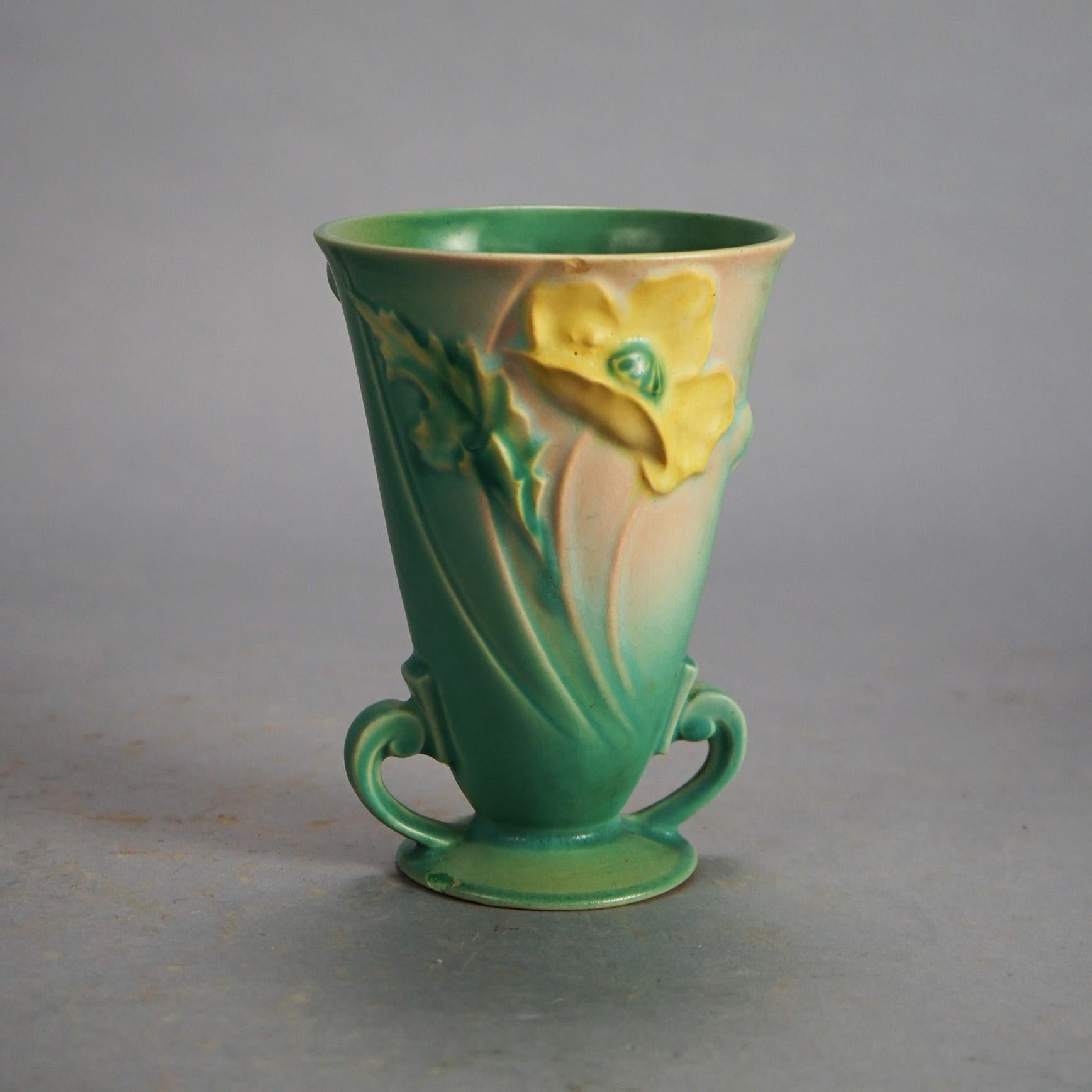 20th Century Three Pieces of Green Roseville Art Pottery in Poppy or Ixia Pattern Mid 20thC