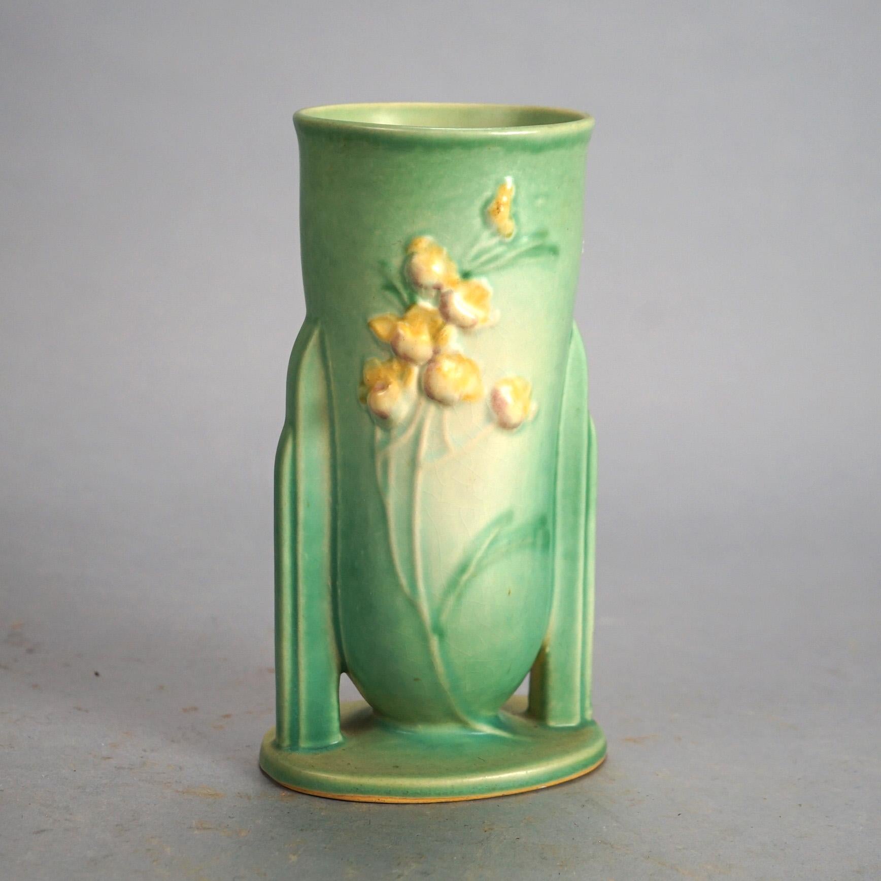 Three Pieces of Green Roseville Art Pottery in Poppy or Ixia Pattern Mid 20thC 1