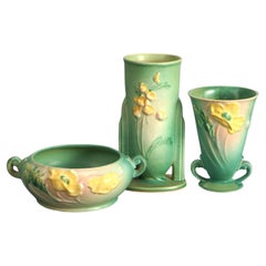 Three Pieces of Green Roseville Art Pottery in Poppy or Ixia Pattern Mid 20thC