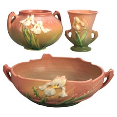 Vintage Three Pieces of Pink Roseville Art Pottery in Iris Pattern Mid 20thC