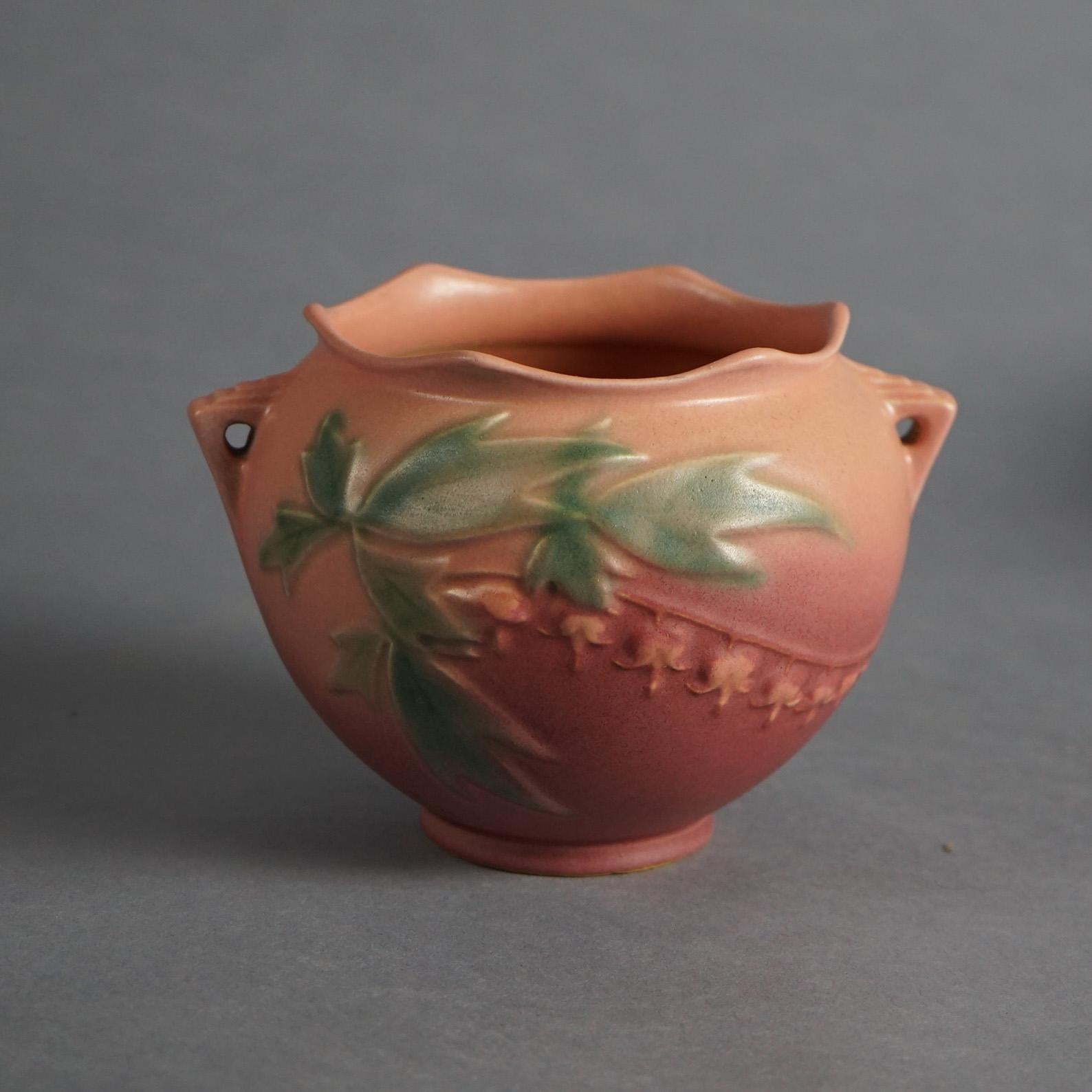 Three Pieces of Pink Roseville Art Pottery with Bleeding Heart Pattern Mid 20thC In Good Condition In Big Flats, NY