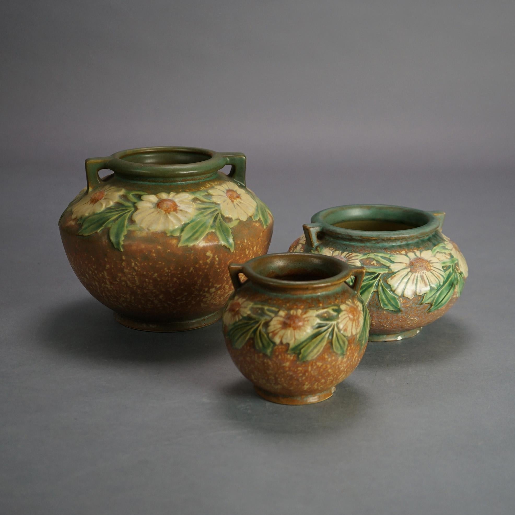 Three Pieces of Roseville Art Pottery, Dahlrose in Brown, c1928 In Good Condition In Big Flats, NY