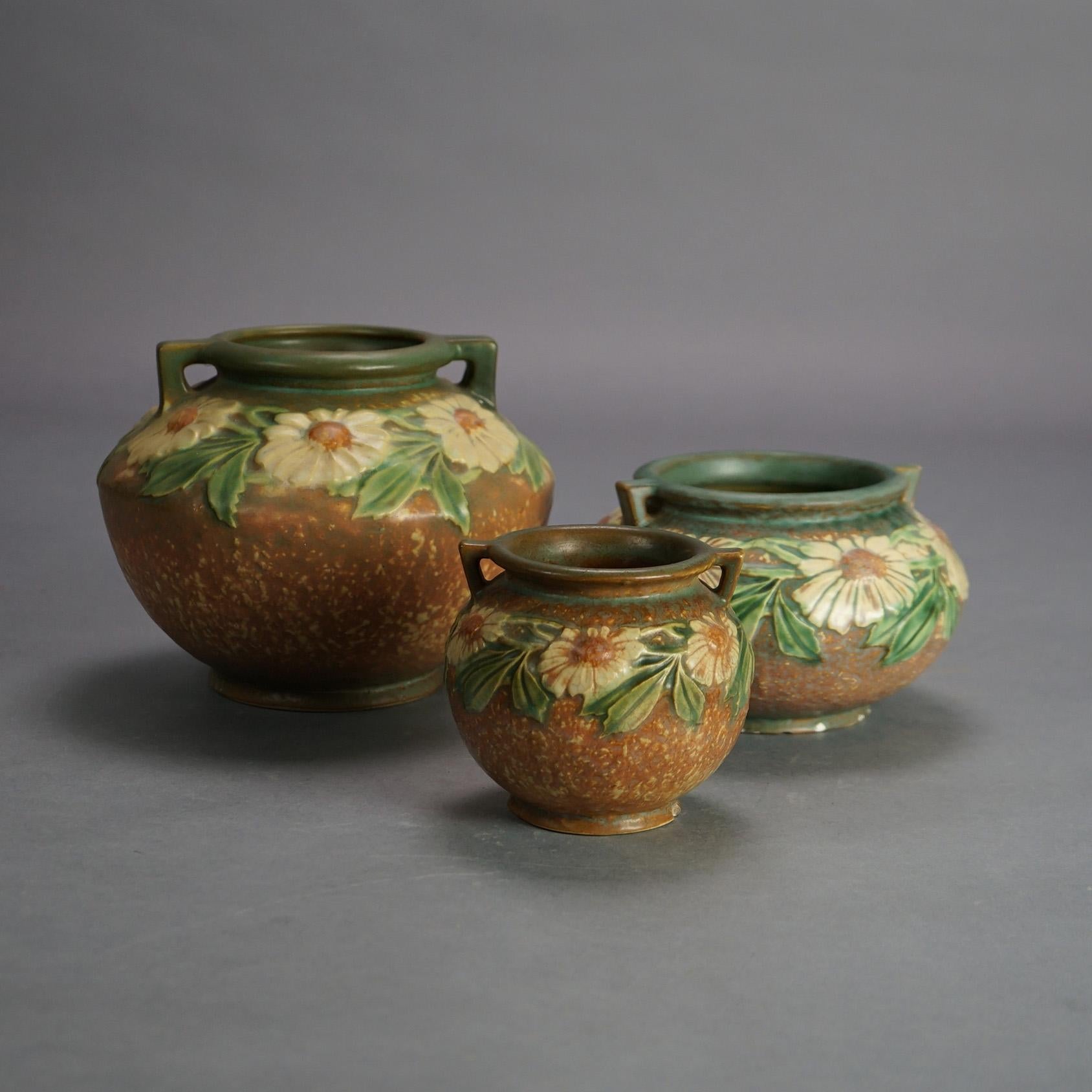 20th Century Three Pieces of Roseville Art Pottery, Dahlrose in Brown, c1928