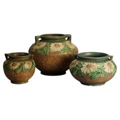 Antique Three Pieces of Roseville Art Pottery, Dahlrose in Brown, c1928