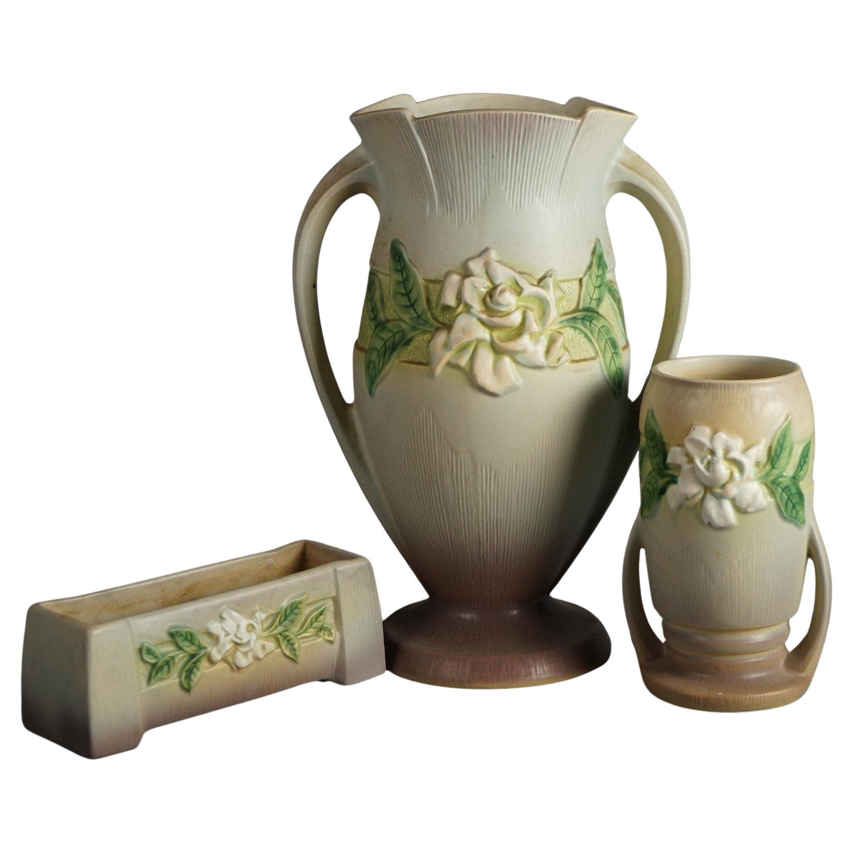 Three Pieces of Roseville Art Pottery with Gardenia Pattern Mid 20thC