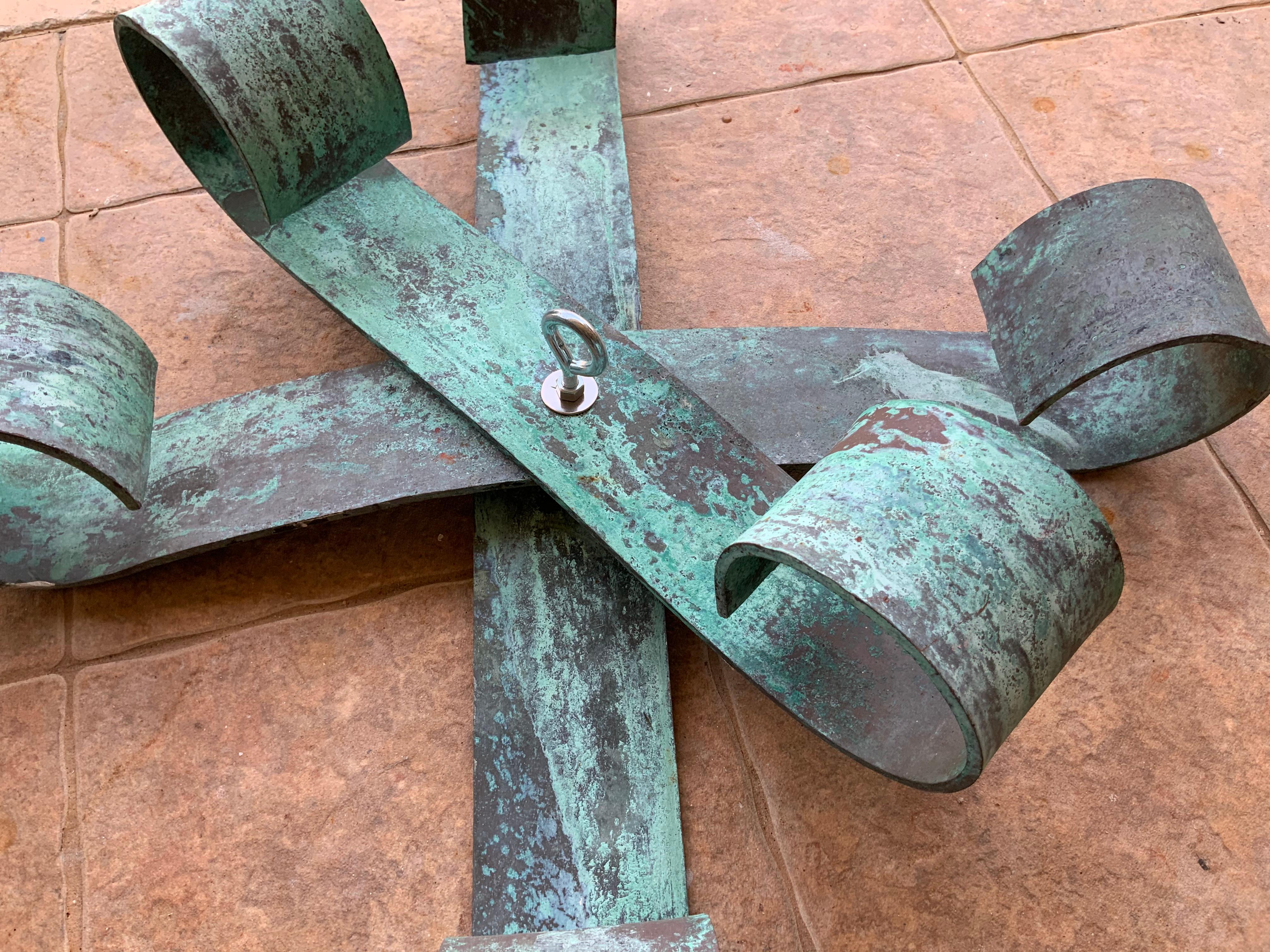 Exceptional three pieces copper element, originally were part of very impressive gate salvaged from south Florida , will look great as architectural wall hanging indoor or outdoor, will not rust beautiful oxidization color.
Sizes :
23” x 4” x 5