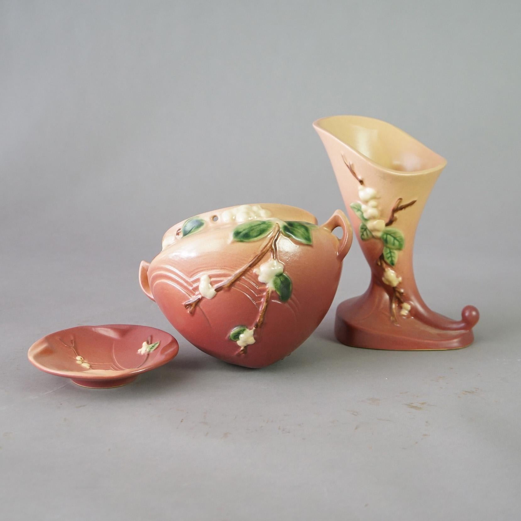 Three Pink Roseville Art Pottery Items with Snowberry Pattern Mid 20thC

Measures - 8
