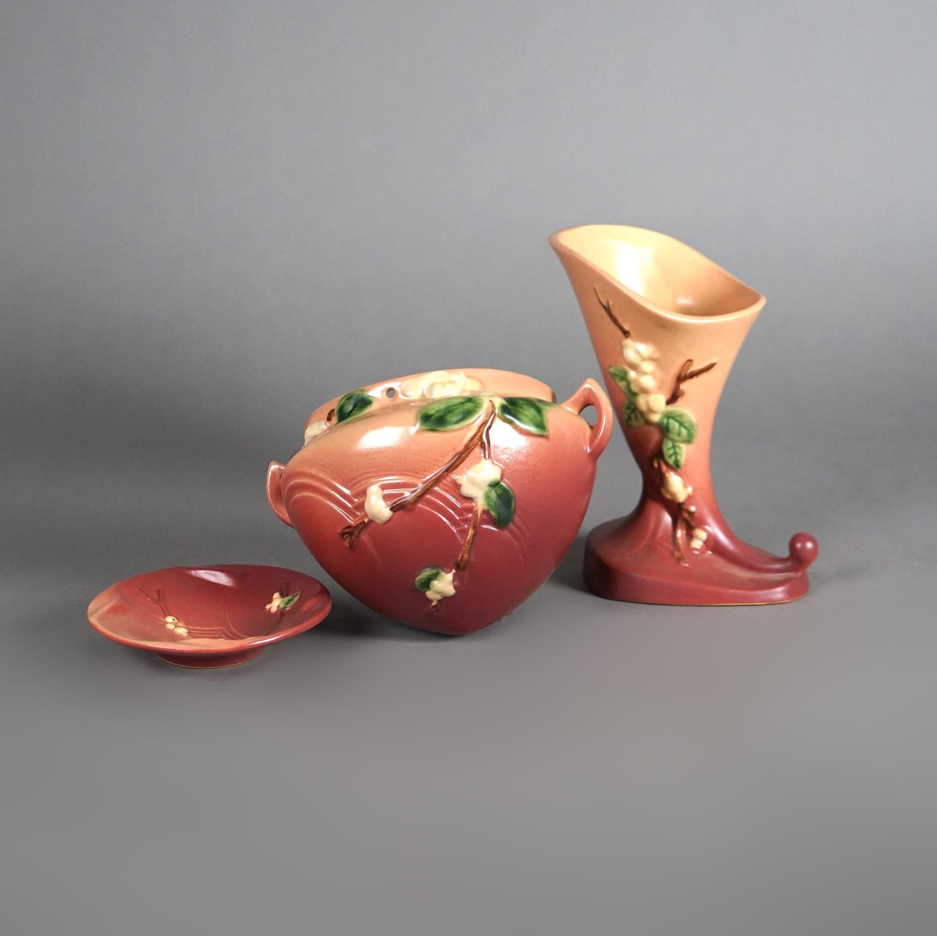Arts and Crafts Three Pink Roseville Art Pottery Items with Snowberry Pattern Mid 20thC