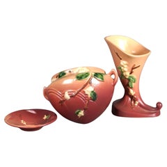 Three Pink Roseville Art Pottery Items with Snowberry Pattern Mid 20thC