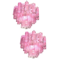 Lampadario in vetro di Murano con tre Tronchi rosa di Toni Zuccheri per Venini, anni '70