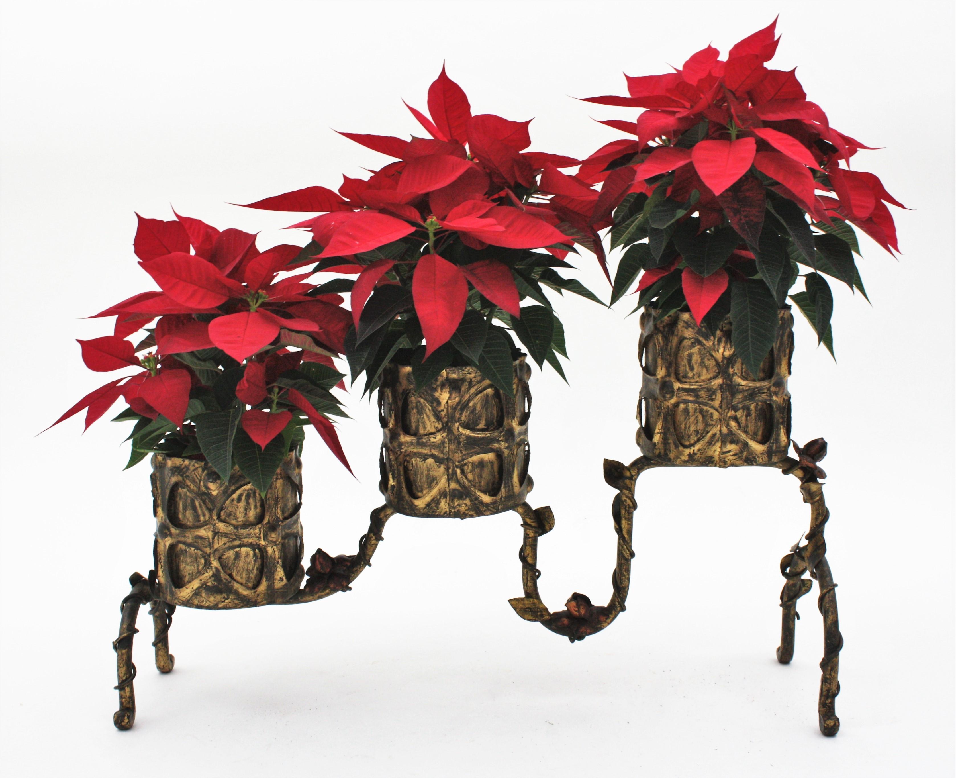 Spanish Gilt Iron Planter / Three Plant Stand with Foliage Floral Motifs, 1950s For Sale 8
