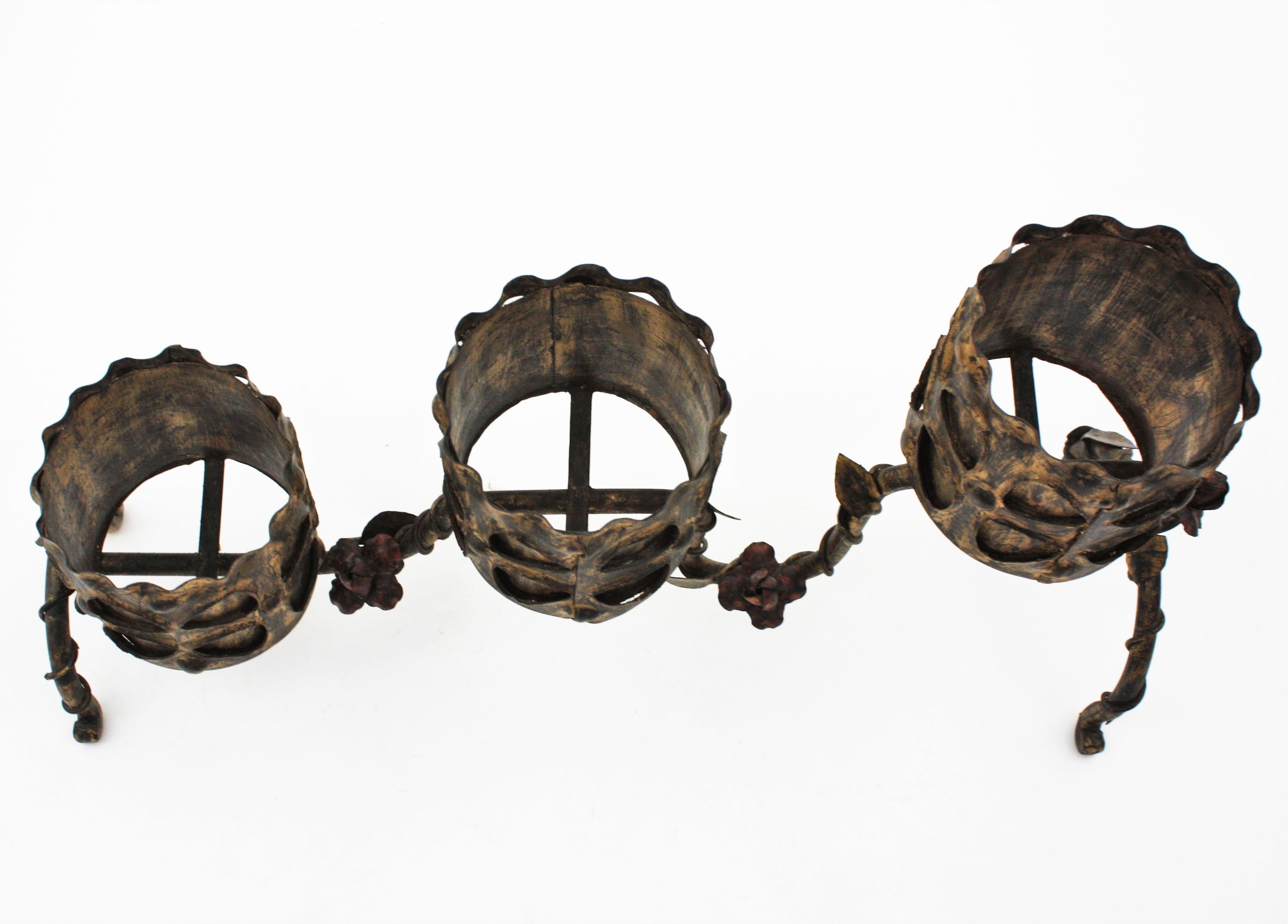 Spanish Gilt Iron Planter / Three Plant Stand with Foliage Floral Motifs, 1950s For Sale 9