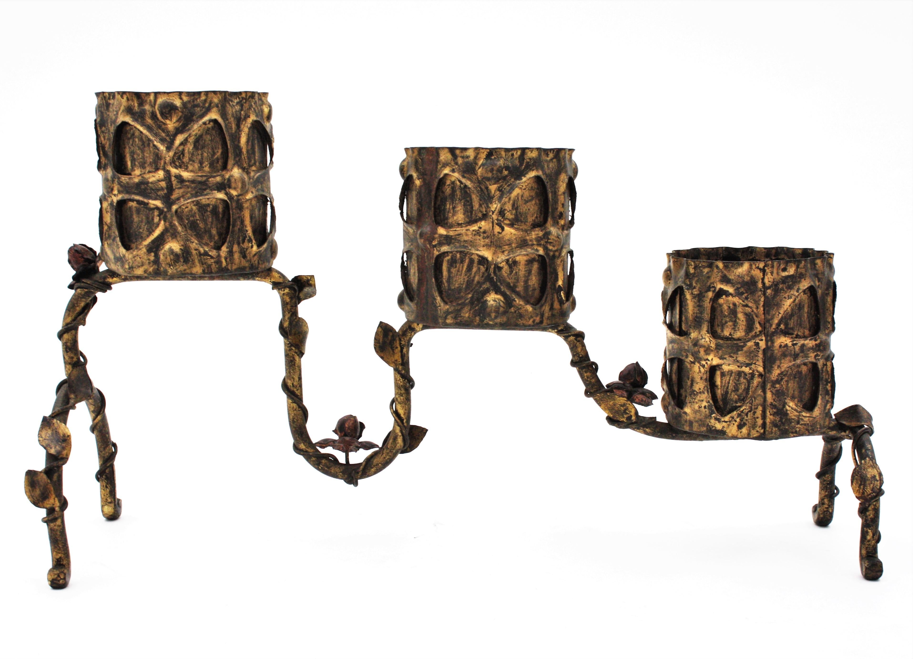 Spanish Gilt Iron Planter / Three Plant Stand with Foliage Floral Motifs, 1950s For Sale 10