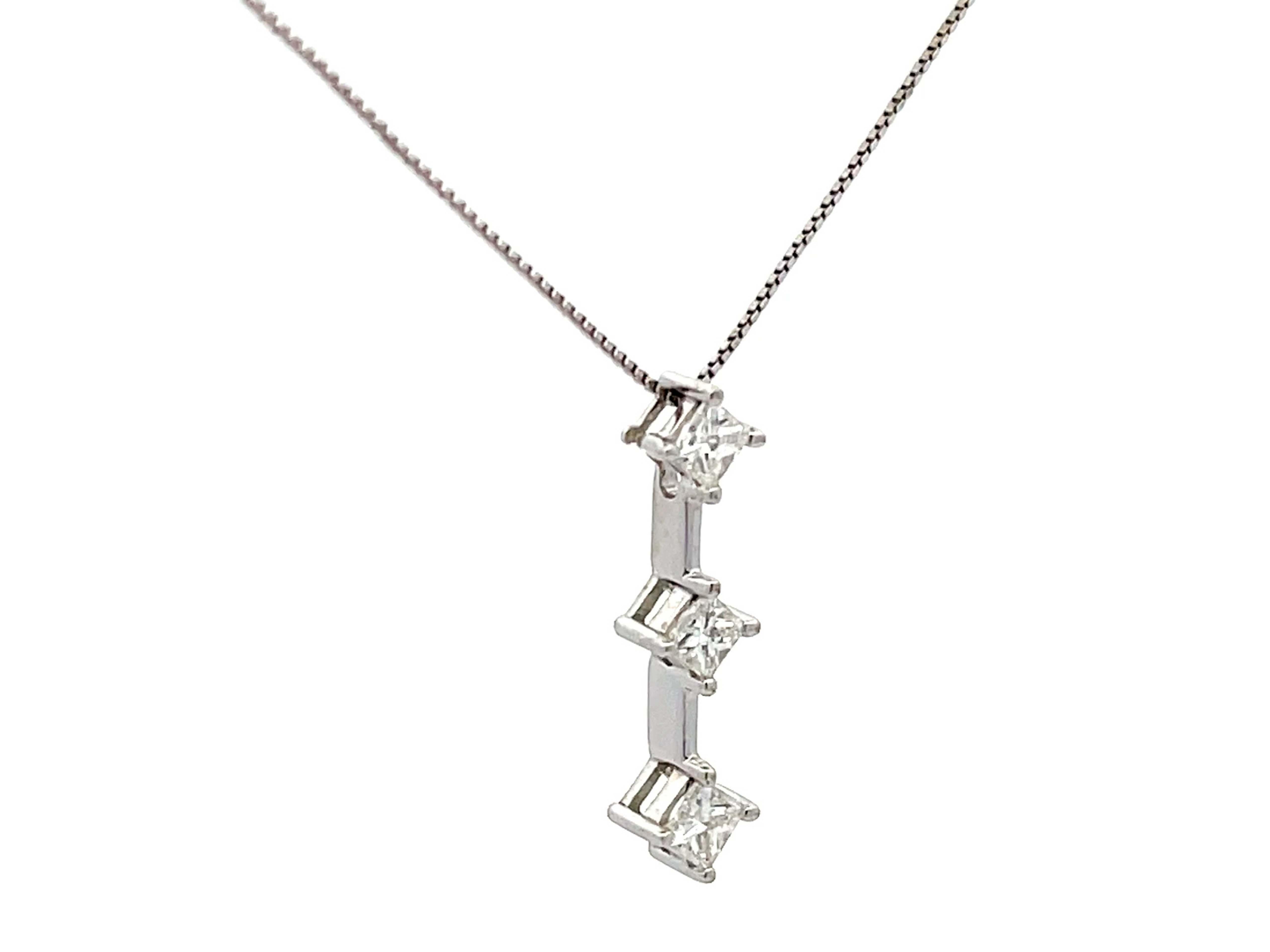 Modern Three Princess Cut Diamond Drop Necklace in 14k White Gold For Sale