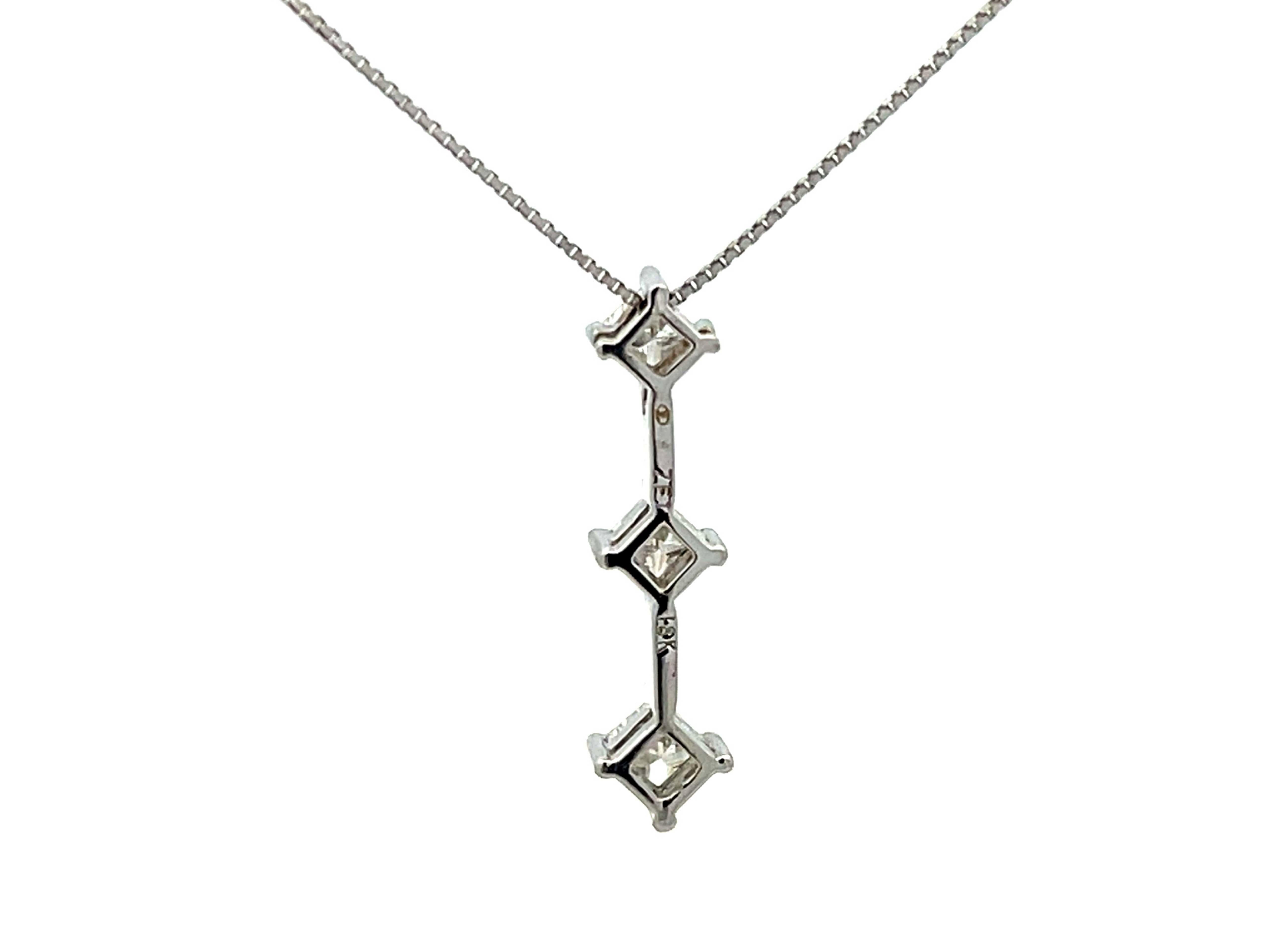 Three Princess Cut Diamond Drop Necklace in 14k White Gold For Sale 2