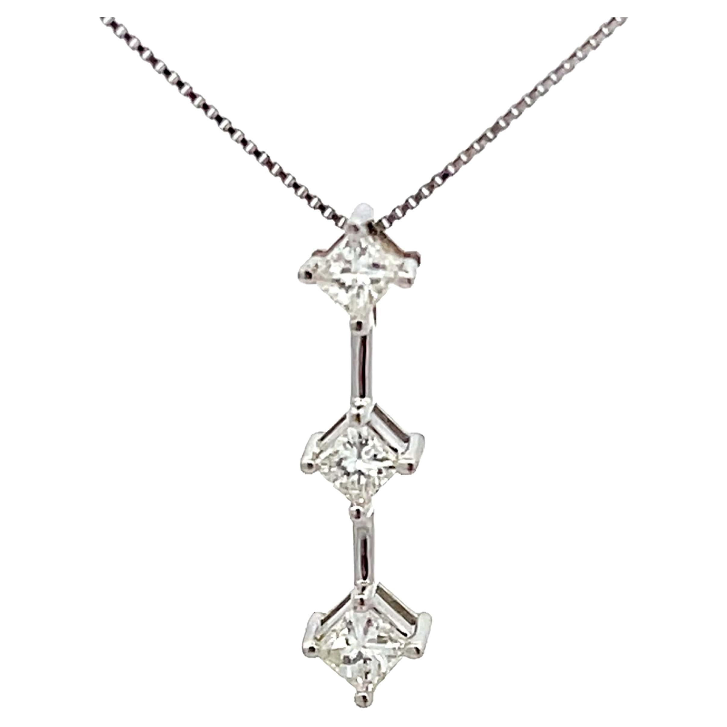Three Princess Cut Diamond Drop Necklace in 14k White Gold For Sale