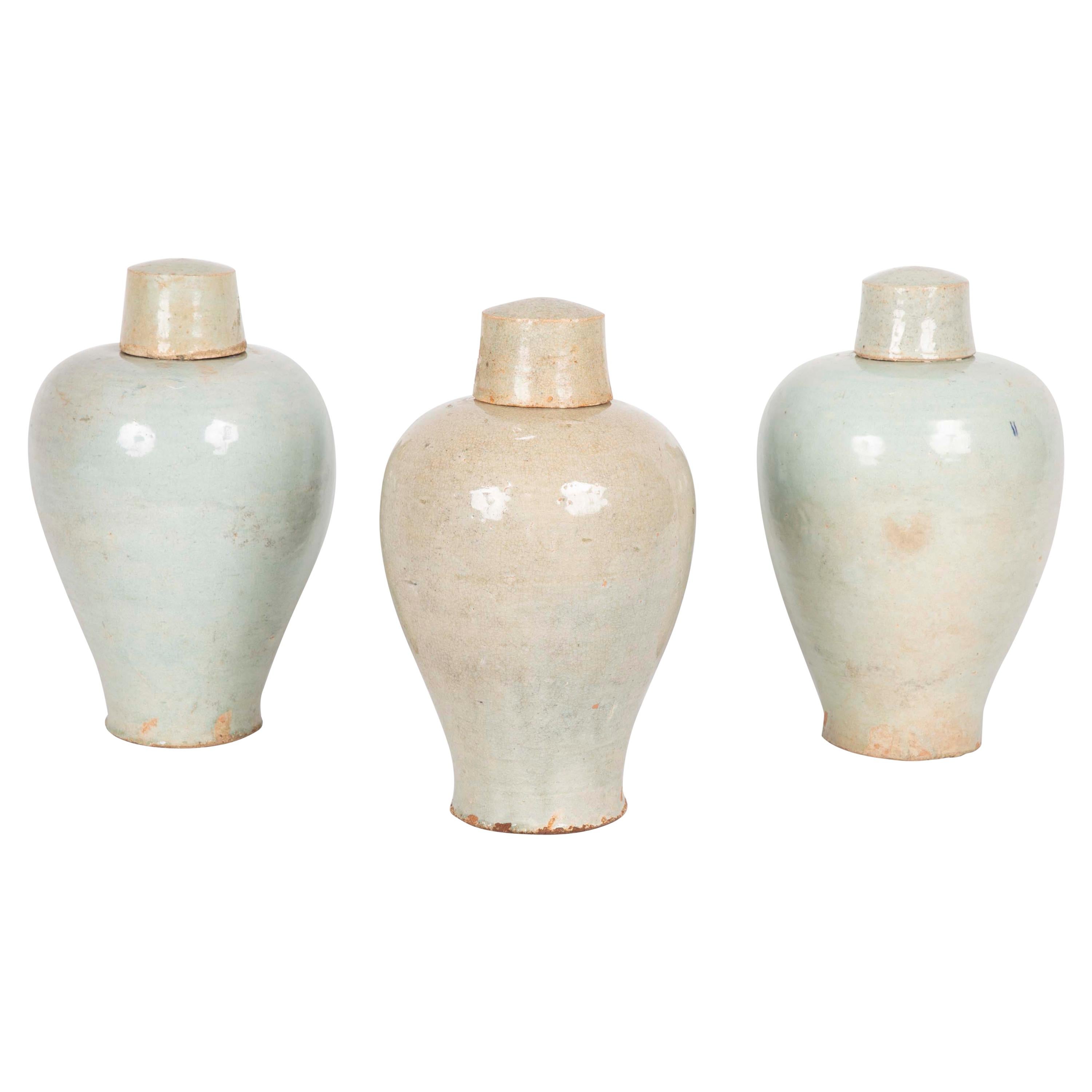 Three Qingbai Glazed Porcelain Covered Vases