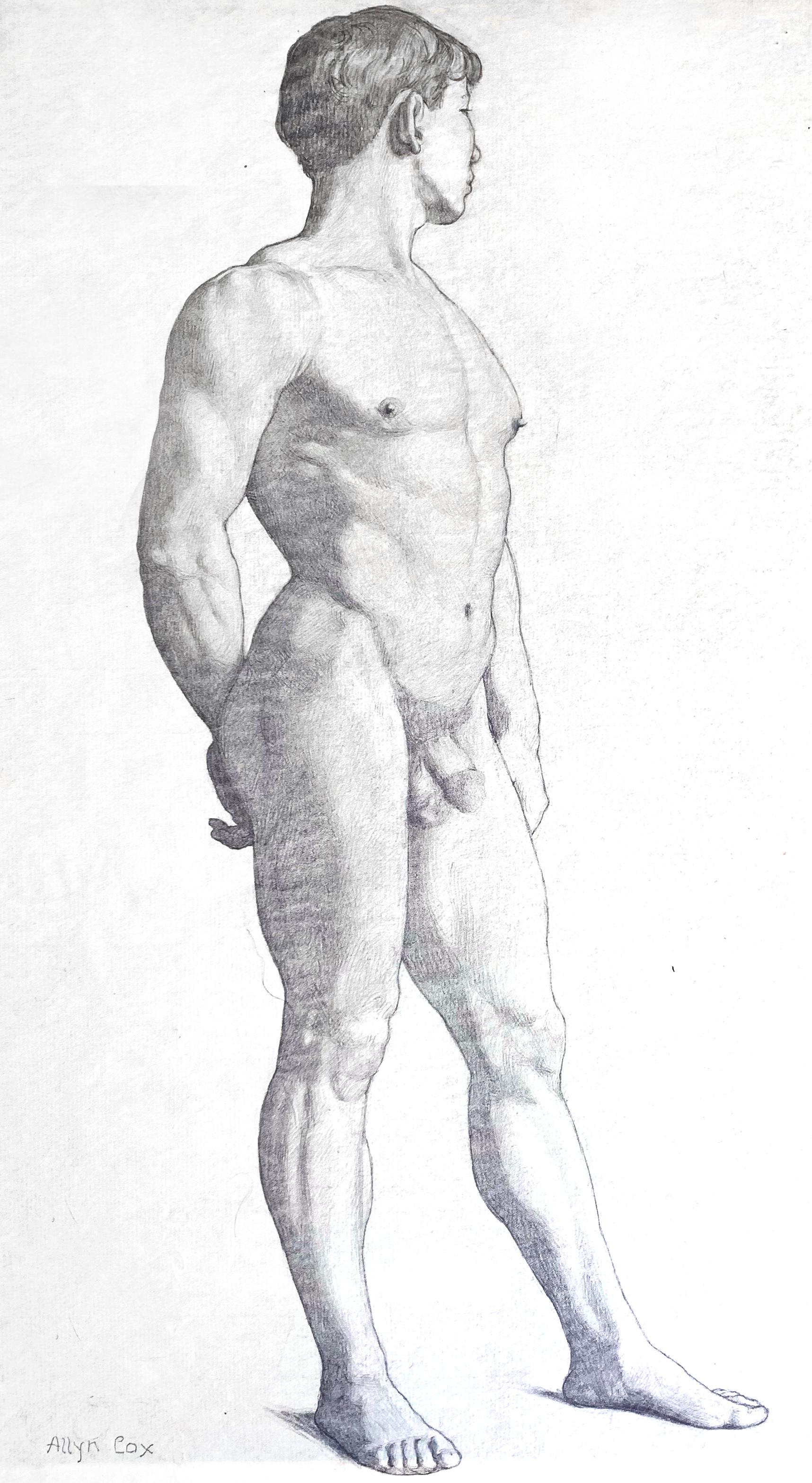 Beautifully and sensitively drawn, this depiction of a standing male nude, three-quarters view, was created by Allyn Cox, son of the famous muralist Kenyon Cox. The younger Allyn was important in his own right for executing an ambitious set of