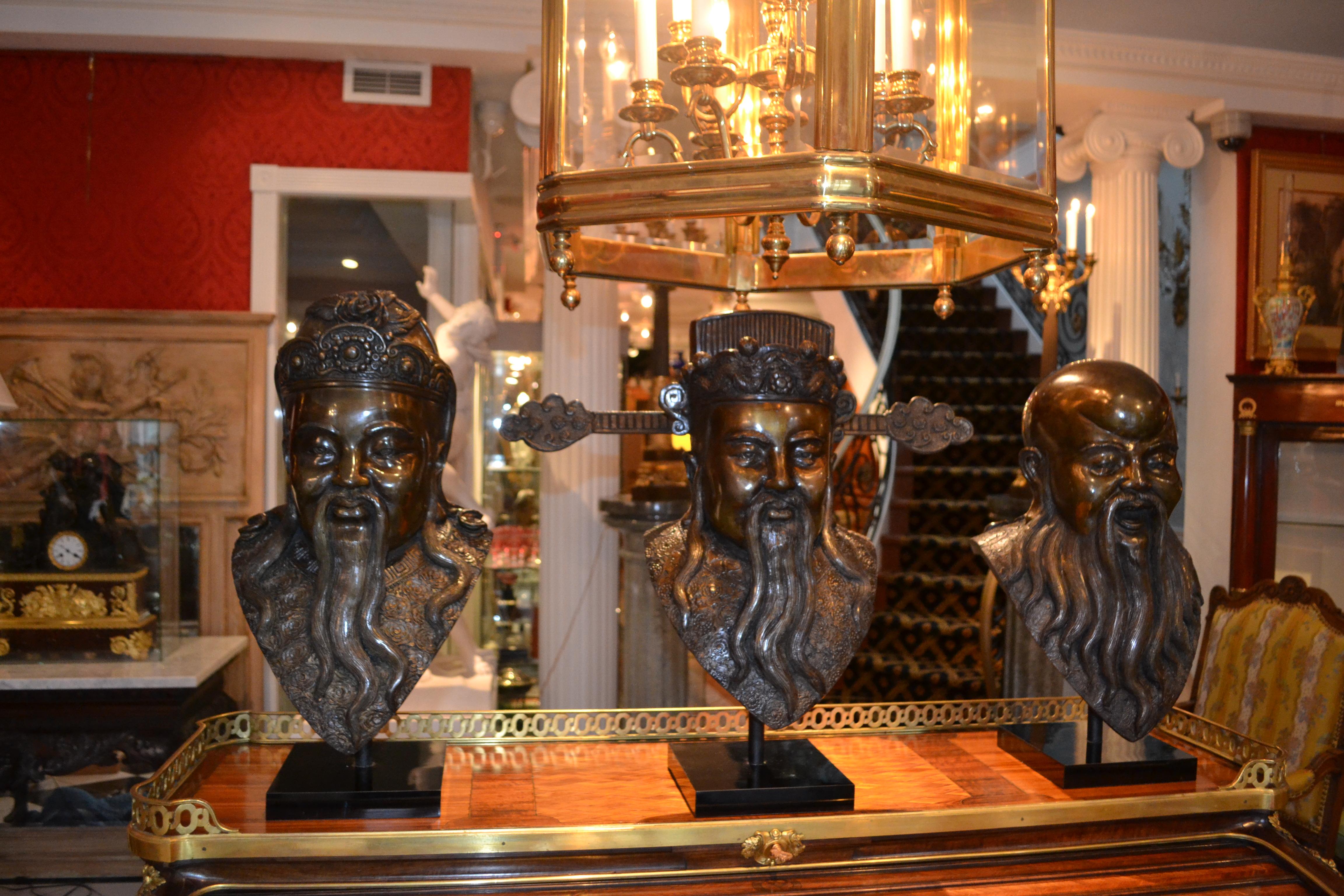 Rare Early 20 Century Bronze Busts of Three Chinese Deities Fu, Lu, Shou (福禄寿) For Sale 8