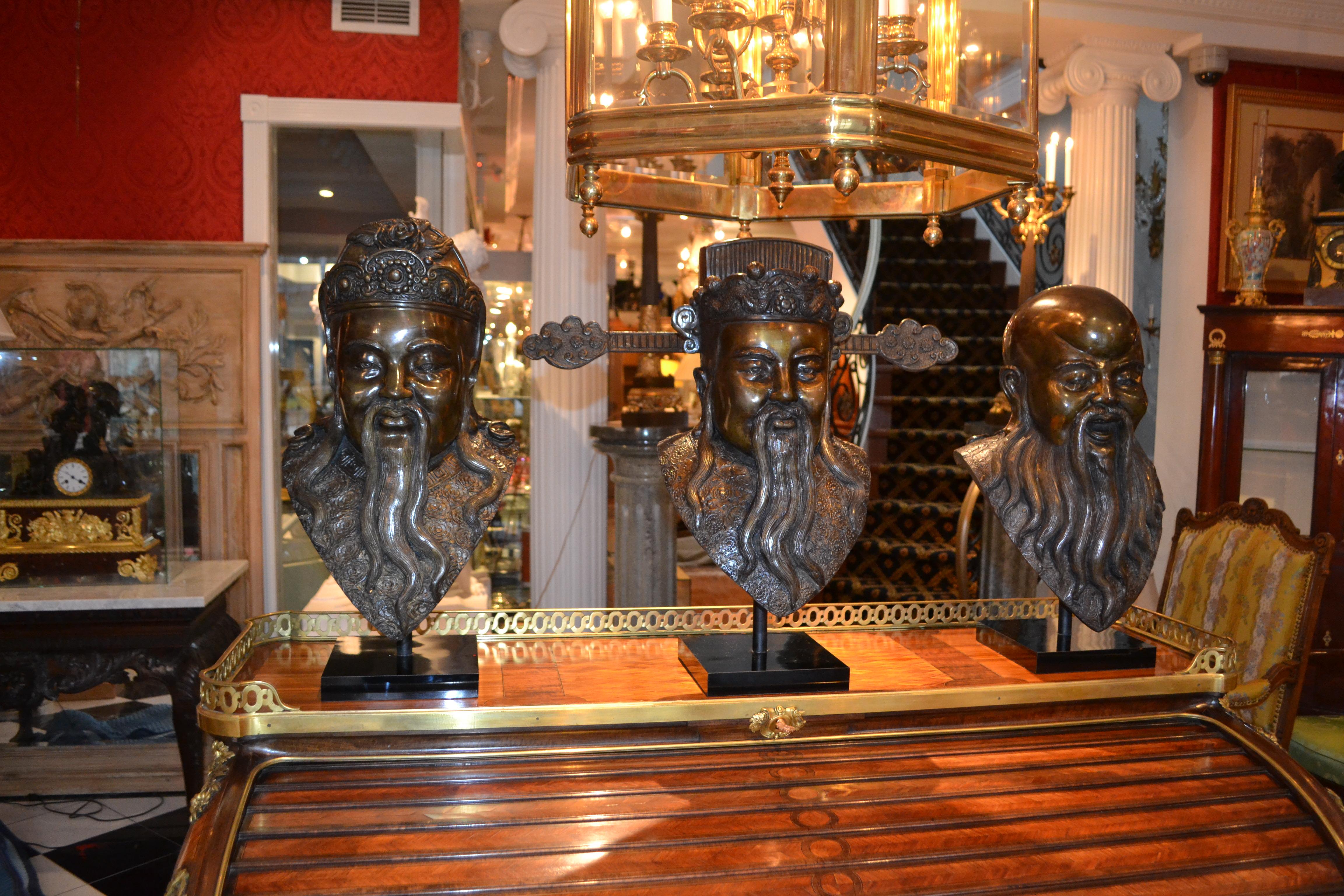 Rare Early 20 Century Bronze Busts of Three Chinese Deities Fu, Lu, Shou (福禄寿) For Sale 10