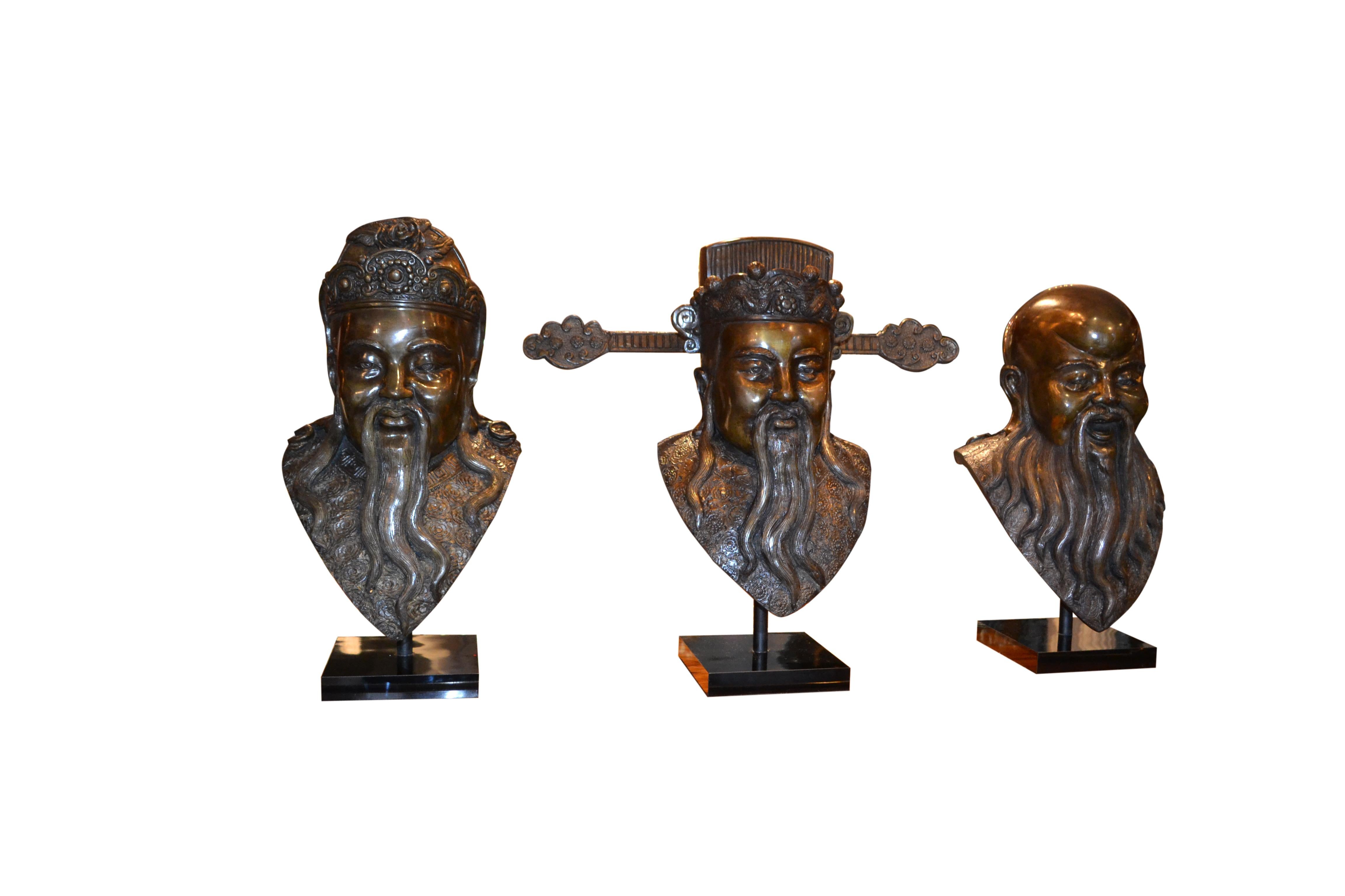 Ming Rare Early 20 Century Bronze Busts of Three Chinese Deities Fu, Lu, Shou (福禄寿) For Sale