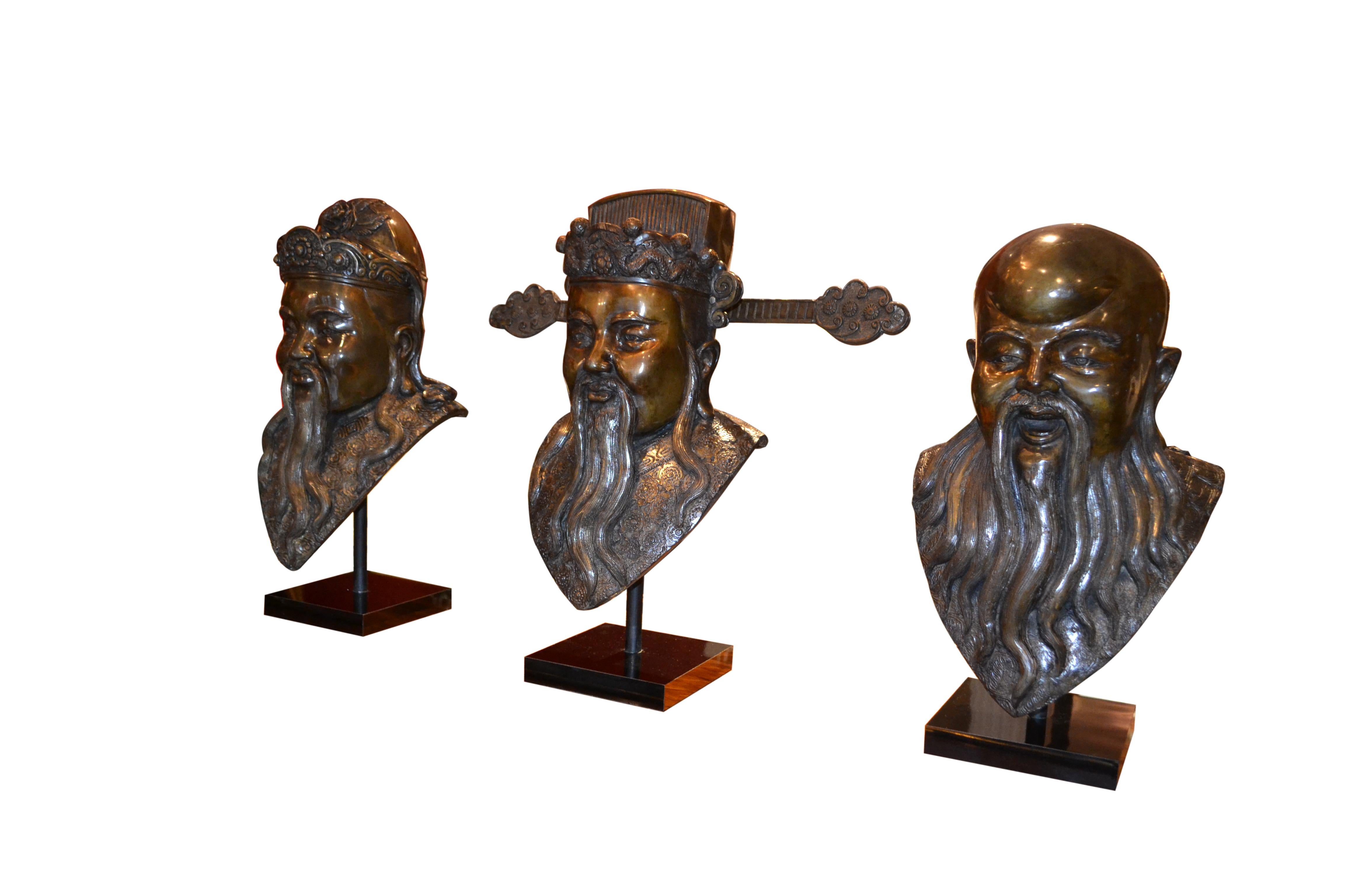 Cast Rare Early 20 Century Bronze Busts of Three Chinese Deities Fu, Lu, Shou (福禄寿) For Sale
