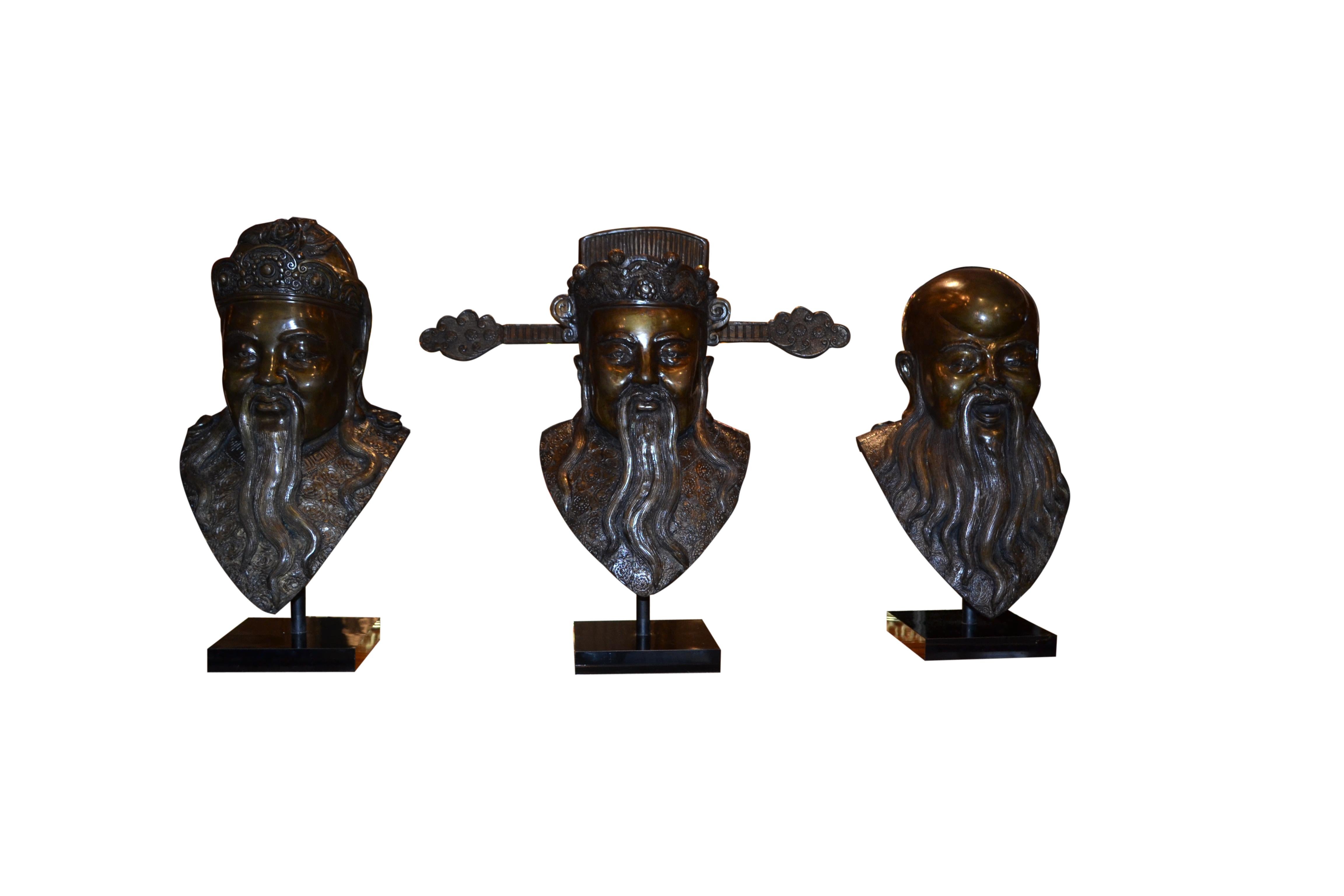 Rare Early 20 Century Bronze Busts of Three Chinese Deities Fu, Lu, Shou (福禄寿) In Excellent Condition For Sale In Vancouver, British Columbia