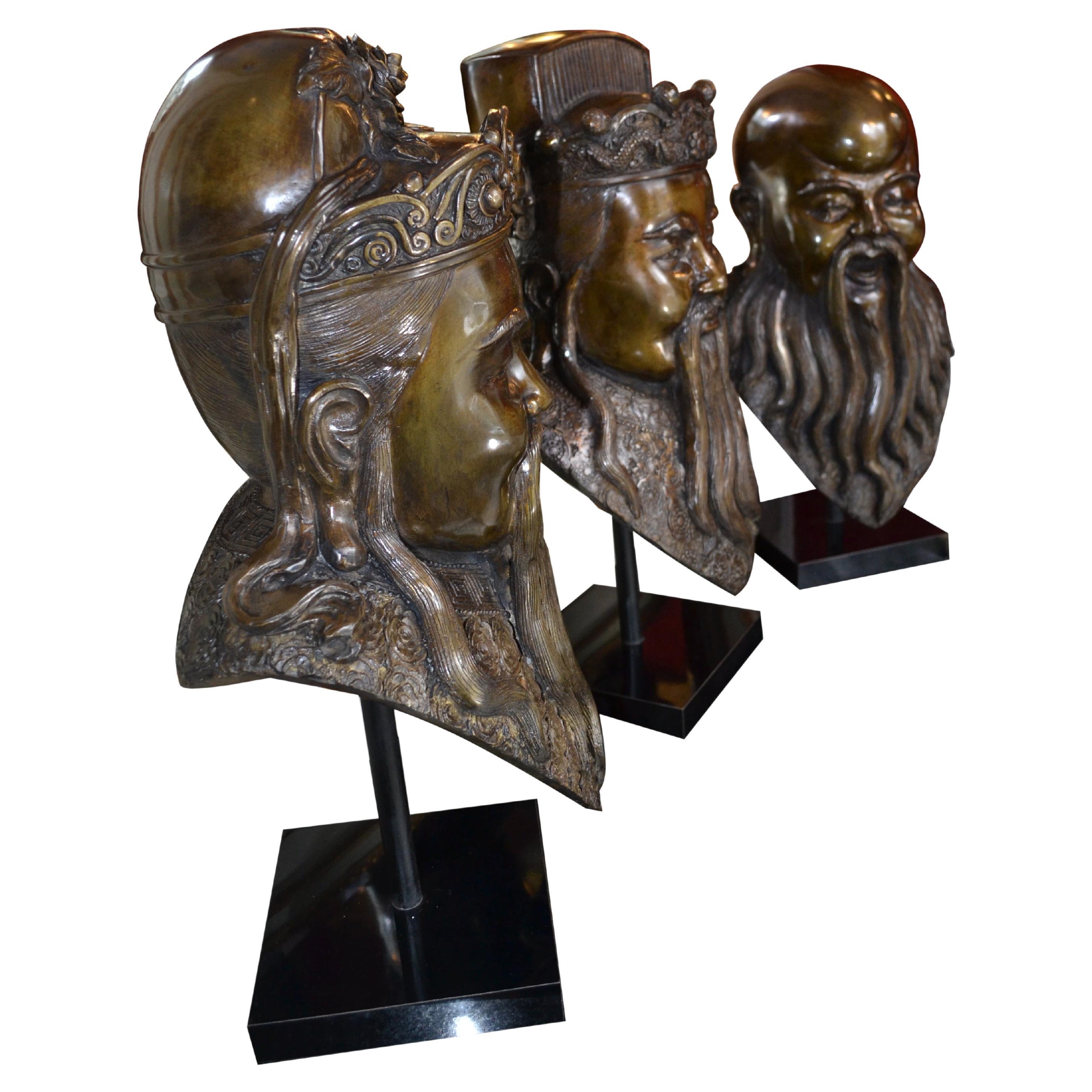 Rare Early 20 Century Bronze Busts of Three Chinese Deities Fu, Lu, Shou (福禄寿)