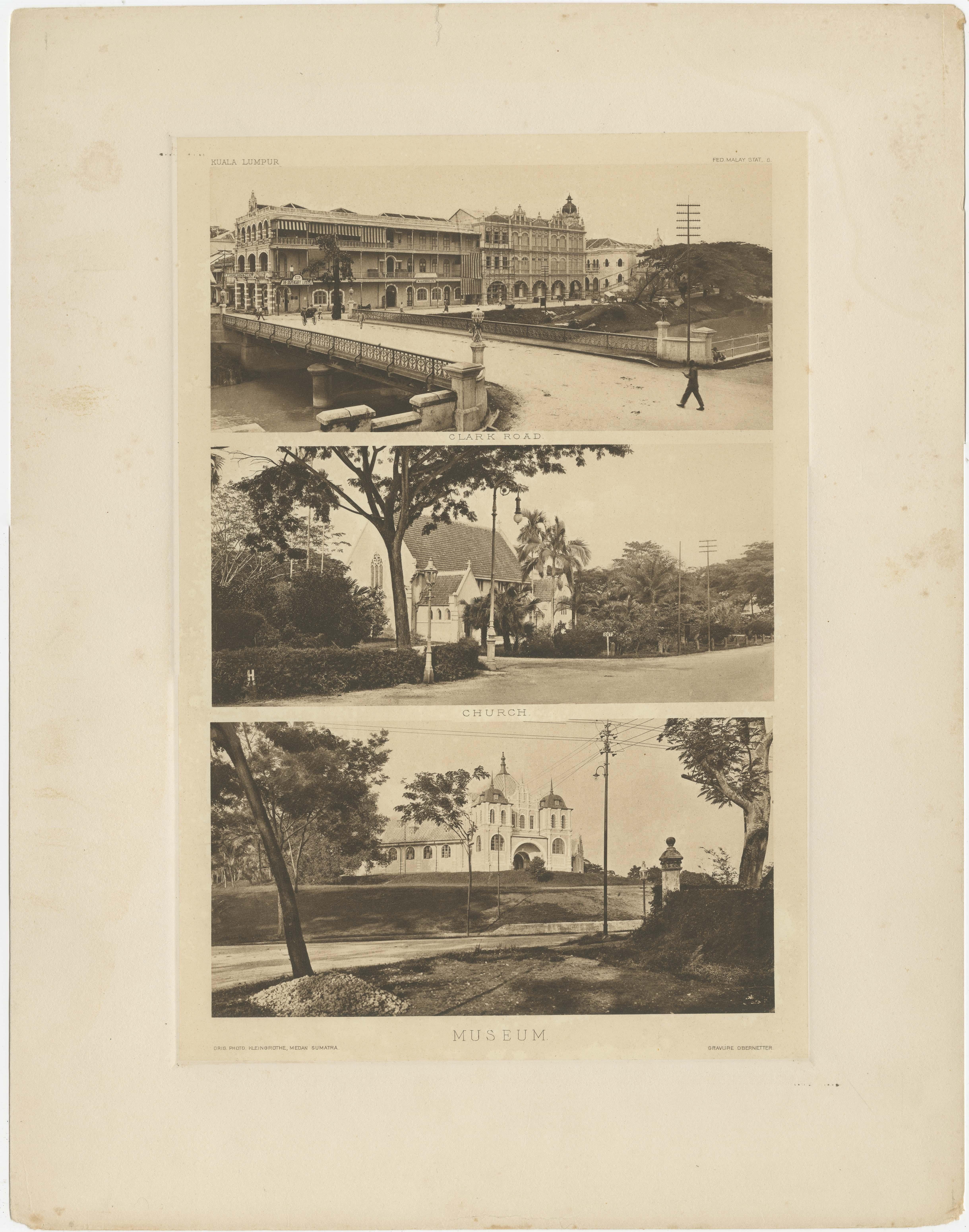 Three views of early Kuala Lumpur, Malaysia in 1907. 

1) Clark Road
2) Church
3 Museum


This heliogravures are on one leaf from the extremely rare boxed Malay Peninsula portfolio originally containing 72 leaves in total and made after