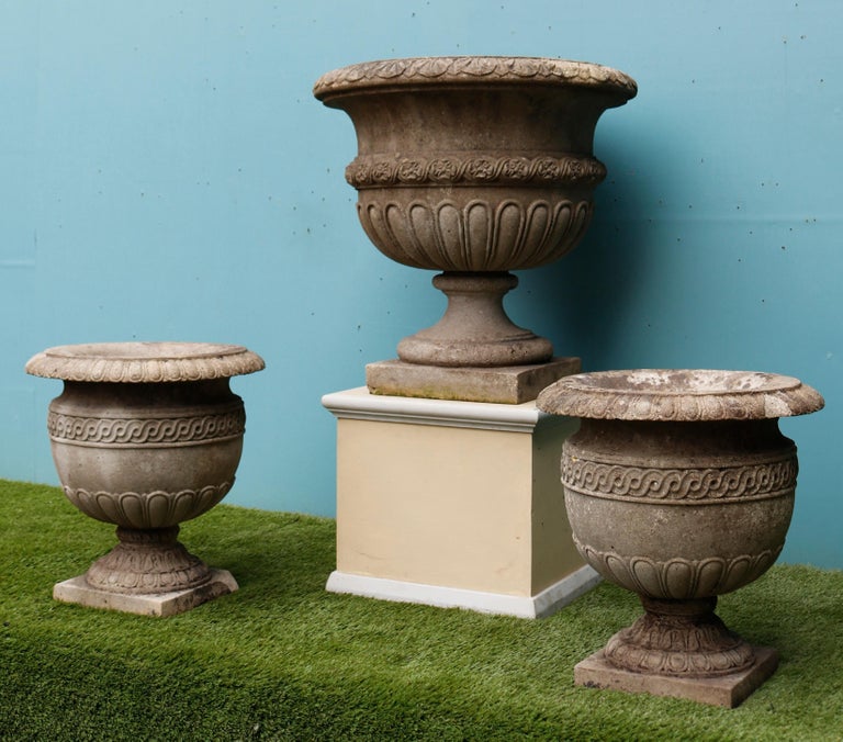 Three Reclaimed Stone Garden Urns For Sale at 1stDibs