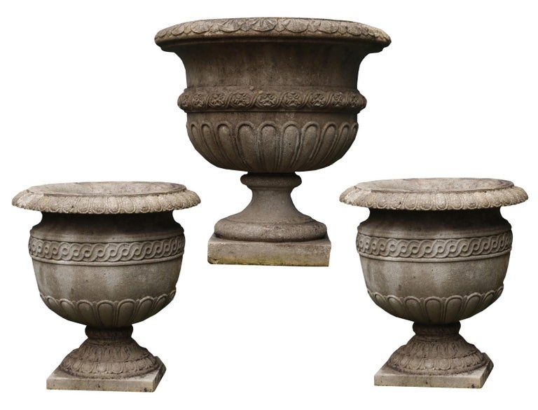 Three Reclaimed Stone Garden Urns For Sale at 1stDibs