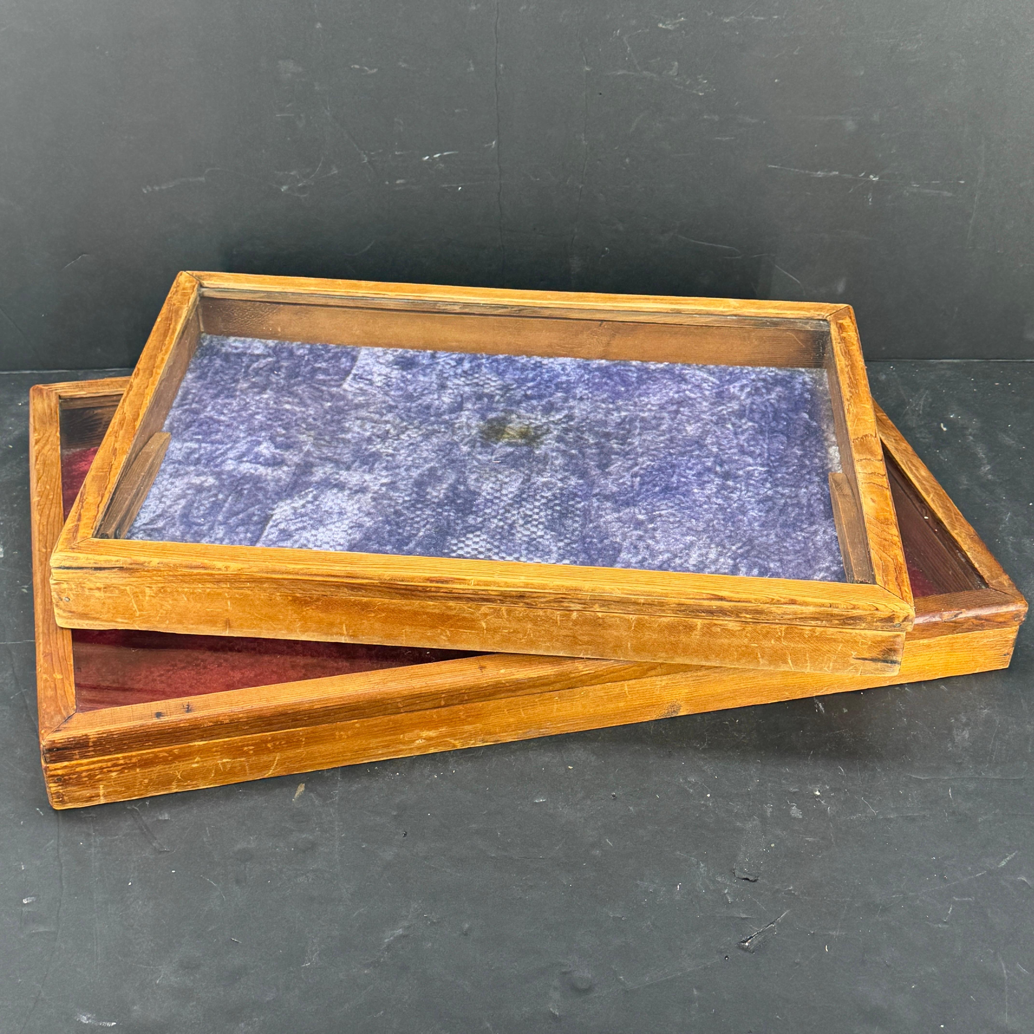 Hand-Crafted Three Rectangular Wood Glass Table Display Cabinets Vitrines